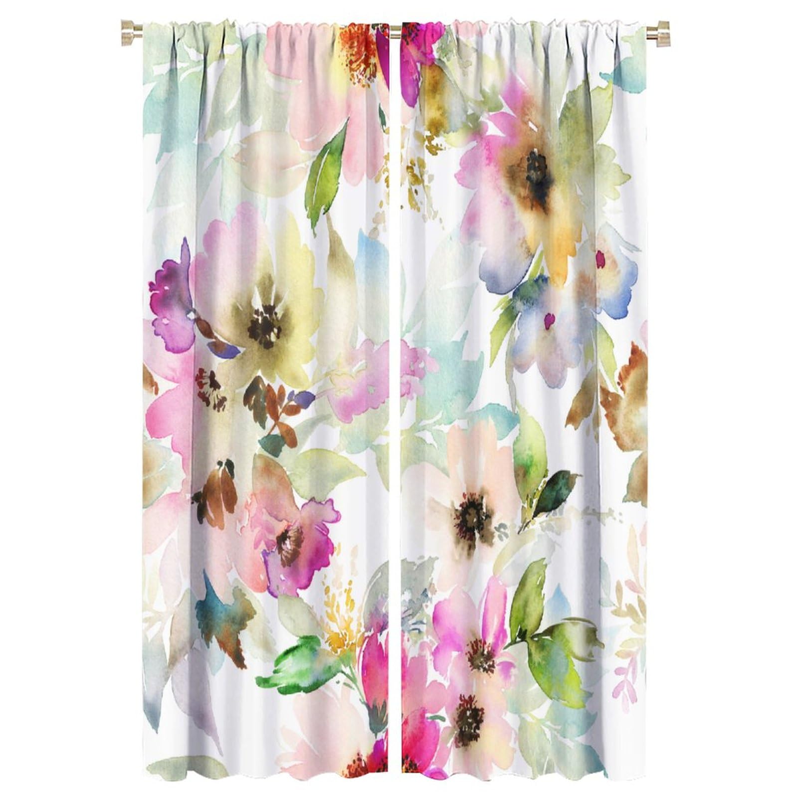 HZOHNAGO Watercolor Flower Curtains Abstract Style Colorful Floral Leaves Blackout Print Rod Pocket Window Drapes for Bedroom Living Room 52x84in