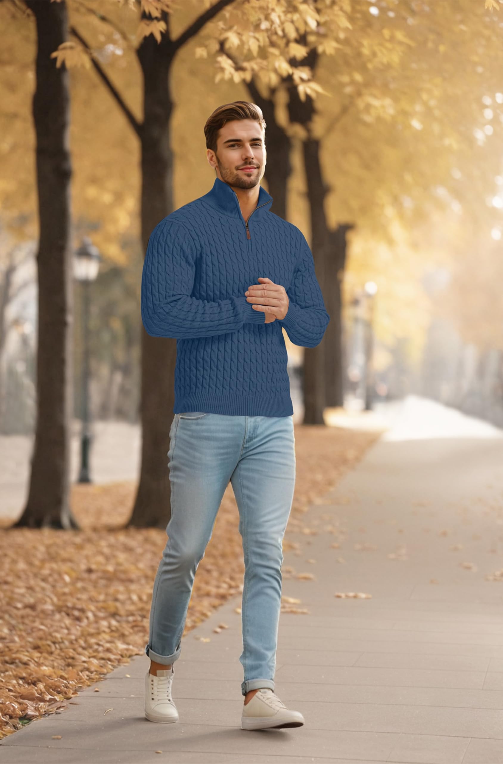 QIXING Maglione da uomo a trecce, con cerniera a un quarto, collo alto, motivo a trecce, morbido, casual, con bordi a costine
