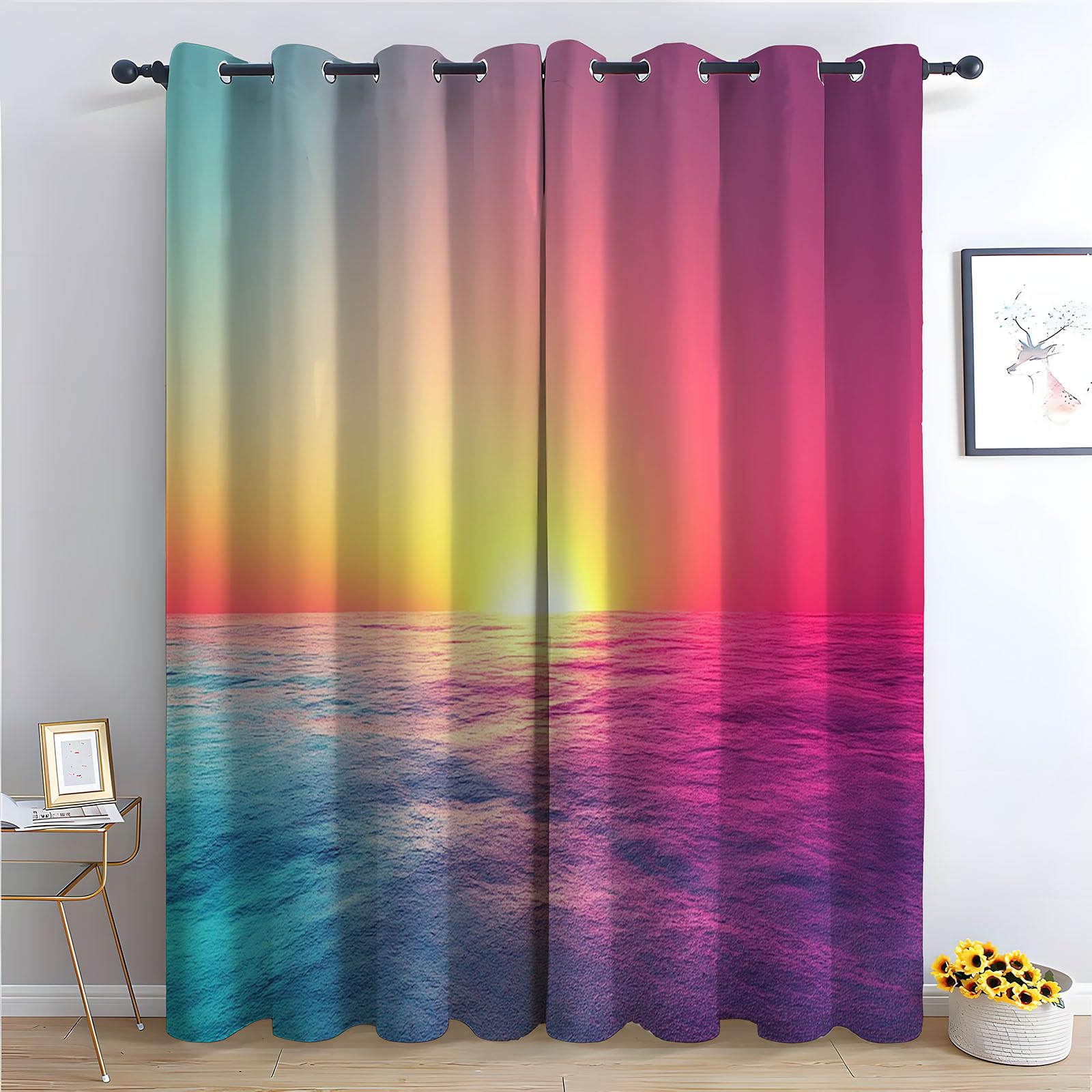 Vorhänge Blickdicht Abstrakt - Lebhafter Verlauf-Ozean-Sonnenuntergang Abstrakt Modern Wohnzimmer Gardinen Vorhänge kurz Schlafzimmer Küchengardinen Decor-H300 x B140 cm (2er Pack)