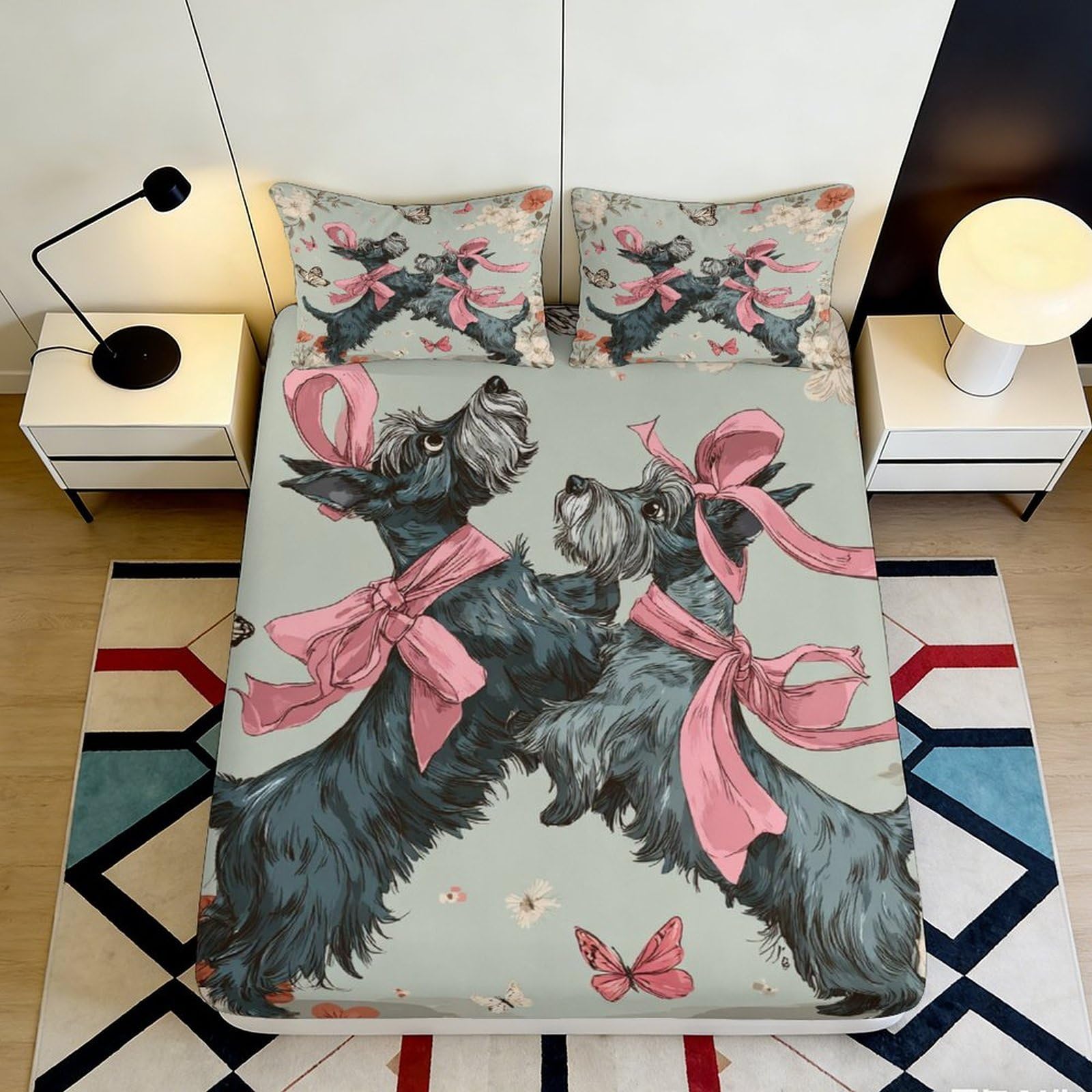 3D Printed Dog Butterfly Theme Microfiber Deep Pocket Fitted Sheet for Bedroom Mattress Fitted Cover Non-Slip Full Wrap 90x200x25cm