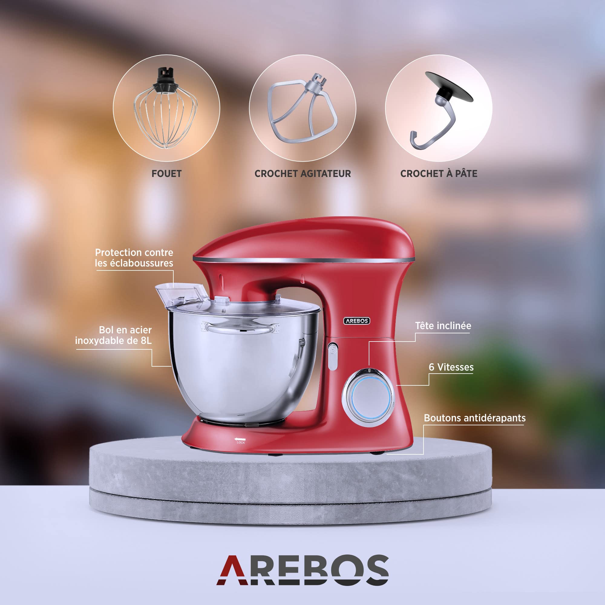 Robot Pâtissier Arebos 1500W - Bol Inox 6L - 6 Vitesses - Fouet, Batteur, Crochet - Rouge