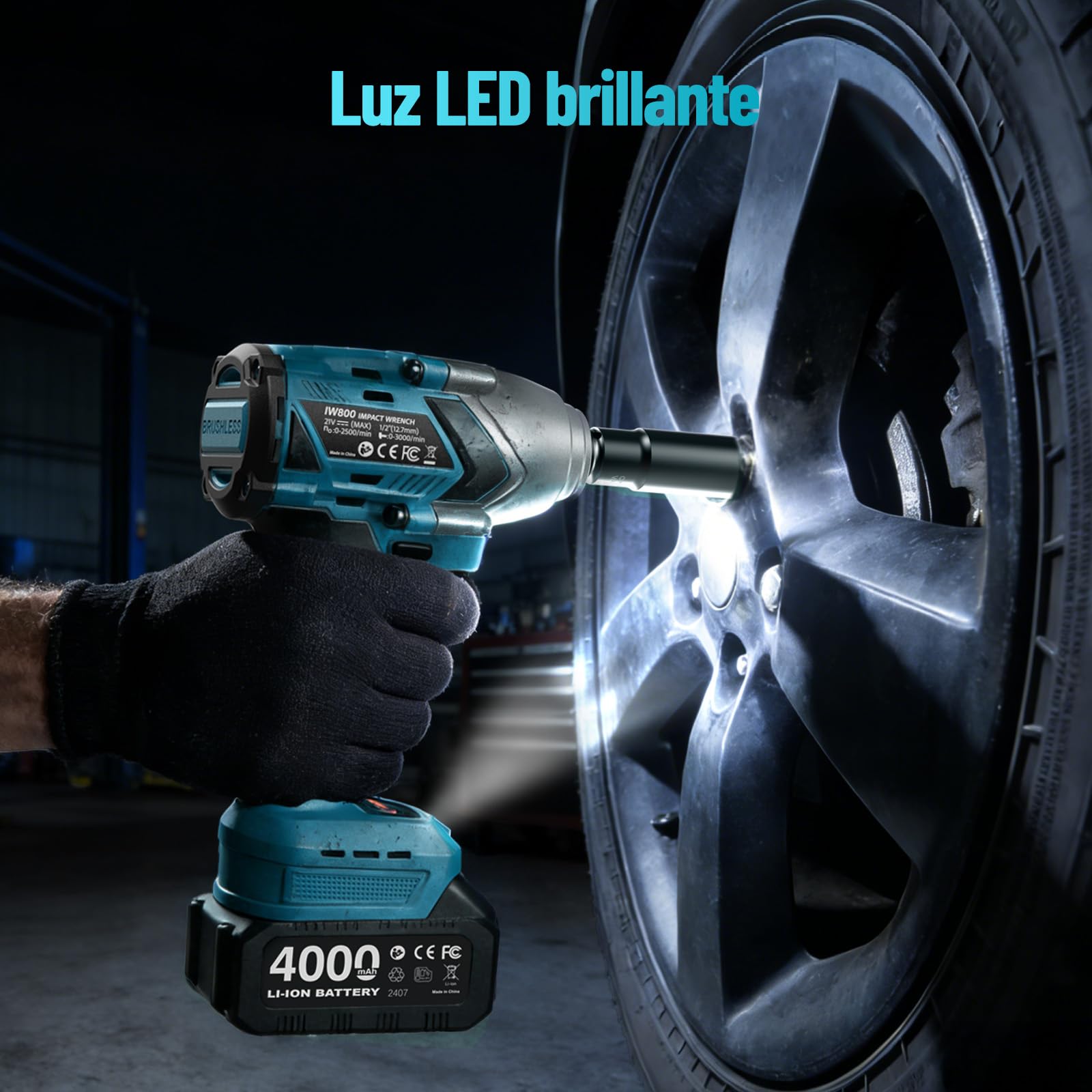 1400 Nm Llave de impacto inalámbrica 1/2", 2 baterías 4000 mAh con cargador rápido, 21V Llave de Impacto Eléctrica motor sin escobillas de alto rendimiento ideal para coche, camión, garaje