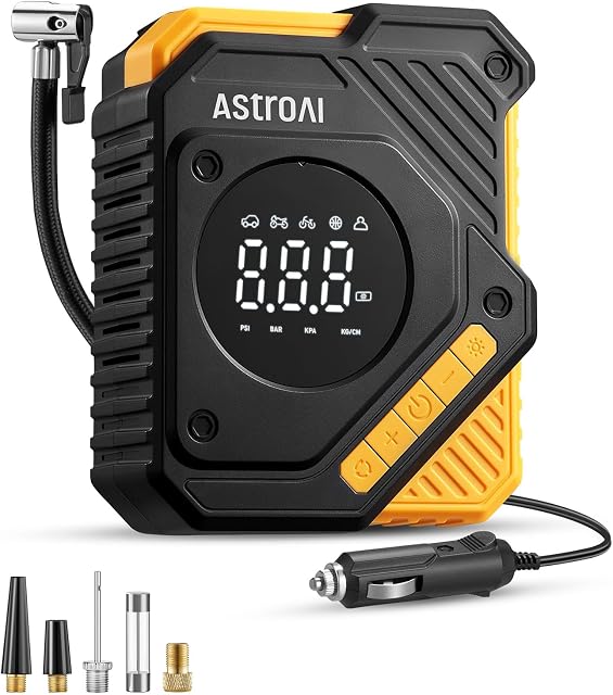 Compresseur d'air pour pneus AstroAI 12V DC, pompe à pneus numérique 150 PSI avec manomètre, grand écran LCD, préréglage intelligent et arrêt automatique, pour pneus de voiture, moto, vélo