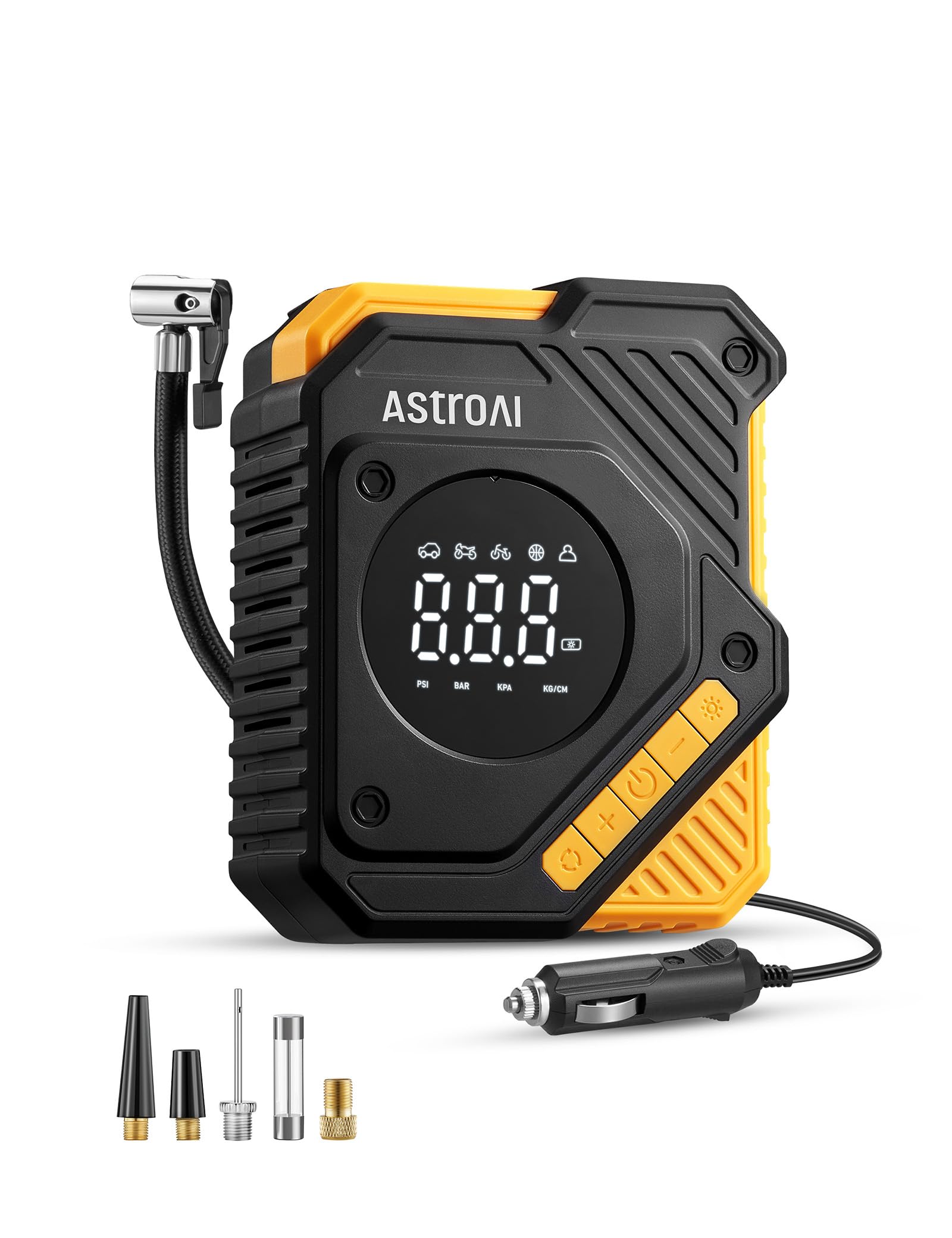 AstroAI Car Tyre Inflator Air Compressor 12V DC, 150 PSI Digital Tyre Pump with Pressure Gauge, Large LCD Display, Smart Preset & Auto Stop, for Car, Motorcycle, Bike Tyres, Black Black 16 x 6.5 x 13 cm