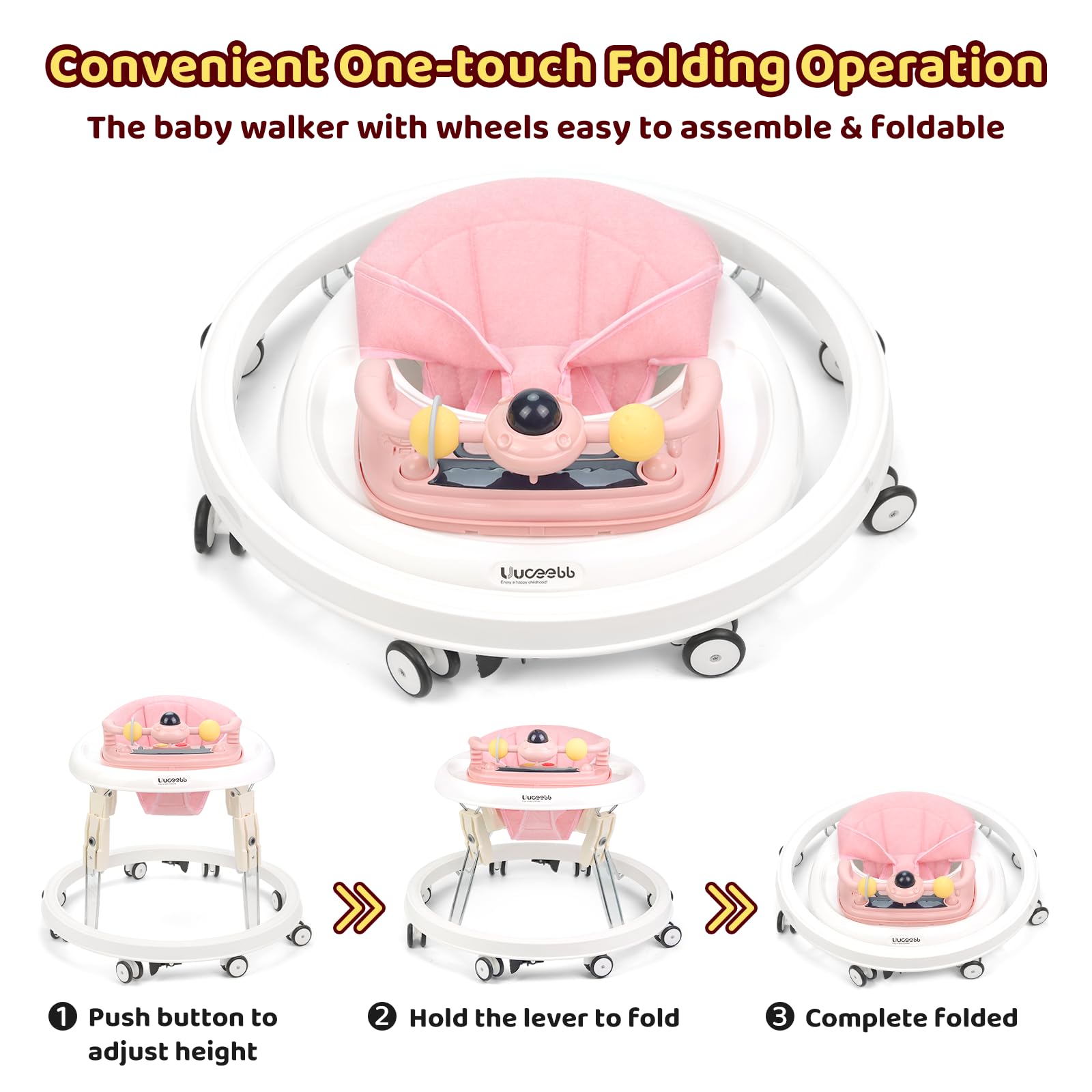 Baby Lauflernhilfe mit Musik und Lichtern, Faltbare Lauflernwagen mit Aktivitätscenter, 7-Gang Höhenverstellung, Anti-Collision Design, Abnehmbarer Platte, Baby Walker von 6-18 Monaten (Rosa-Musik)