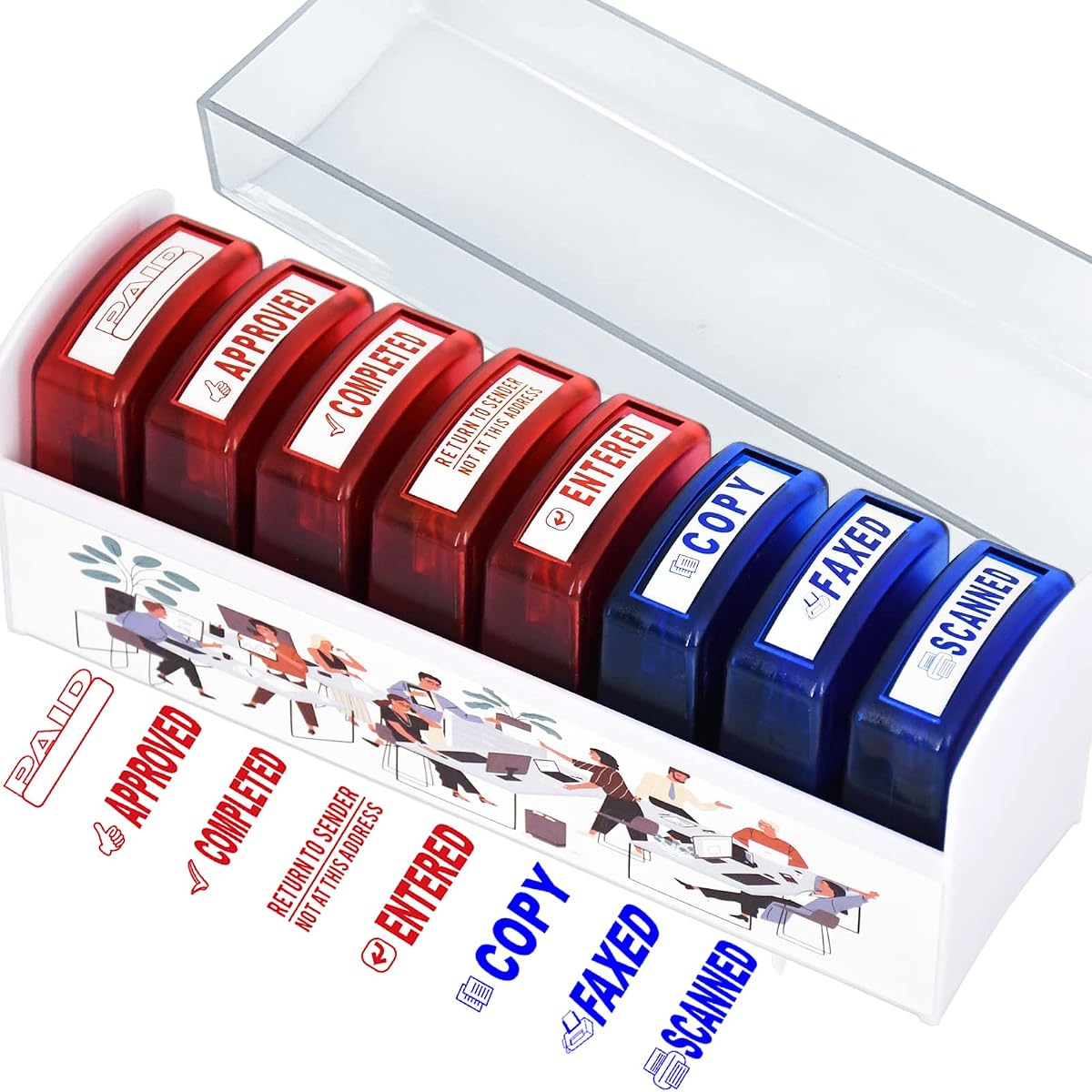 Juego de sellos de oficina de 8 piezas Sello de oficina autoentintado con bandeja de almacenamiento | Pagado Escaneado Copia aprobada Enviado por fax Completado Ingresado Devolución al remitente Sello, tinta roja y azul para tareas y procesamiento financieros