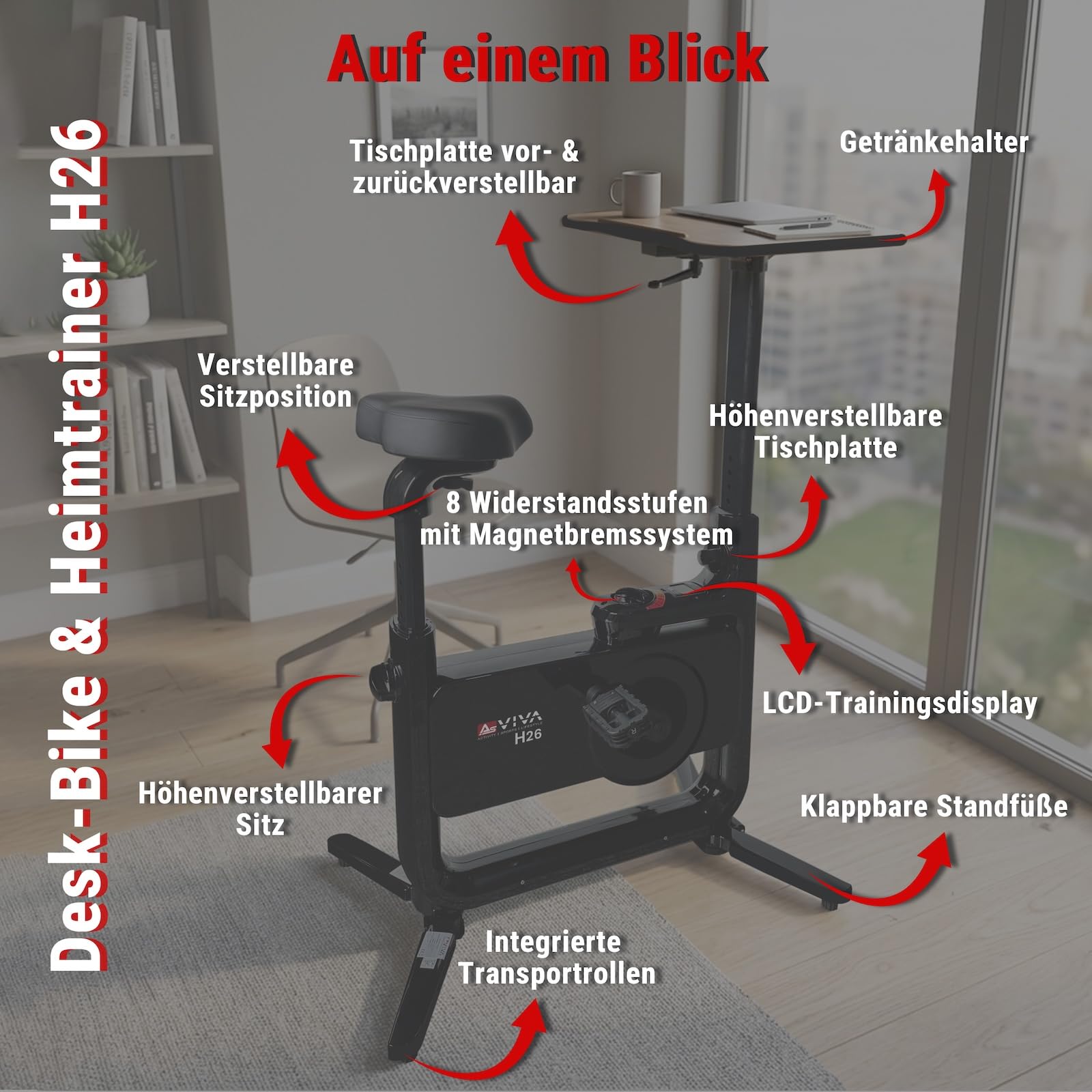 AsVIVA H26 Desk-Bike rower treningowy – rower biurkowy z regulowanym blatem, rower fitness do biura i domu, cichy hamulec magnetyczny, 8 poziomów oporu, komfortowe siodełko 360°, kółka transportowe