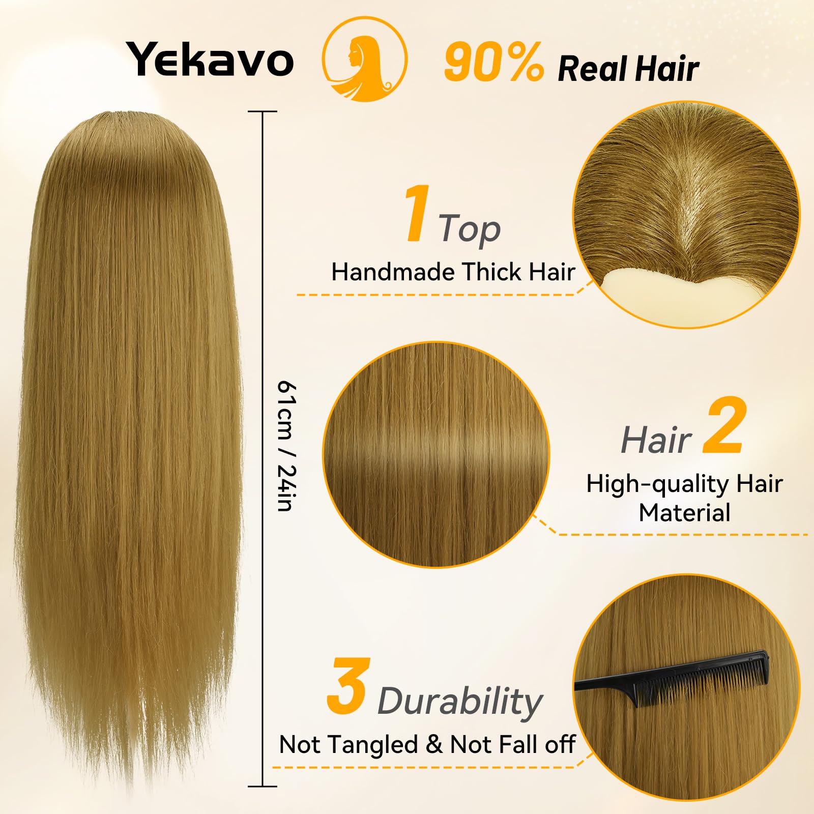 Yekavo Hairdressing Head, Hair Mannequin Head with 90% Real Hair 61cm/24in, Doll Head for Hair Styling Cosmetology&Training - Image 2