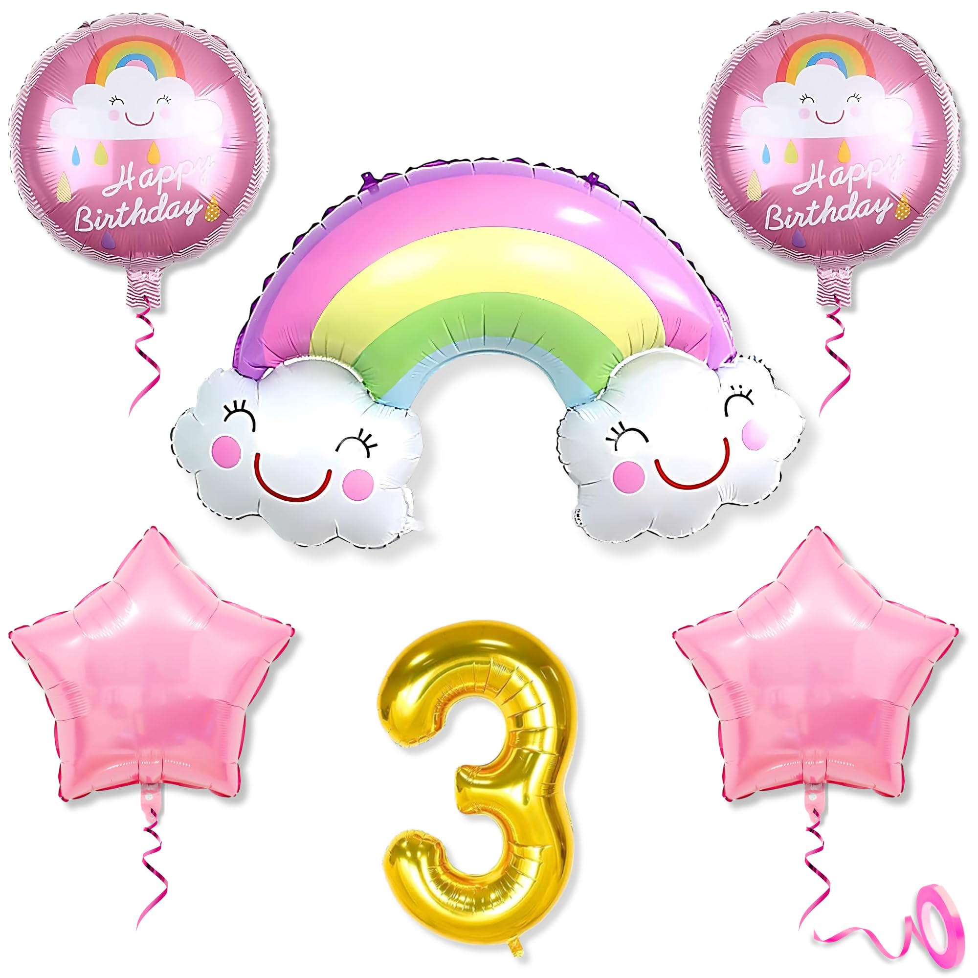 Mystic Toy Store 3rd Rainbow Balloons for Birthday Decoration Kit Multicolour 3 year Baby Boys Girls Kids 5 Pcs Rainbow Theme Foil Balloons Decoration Set Items 2 Pcs Pink Star-image-20