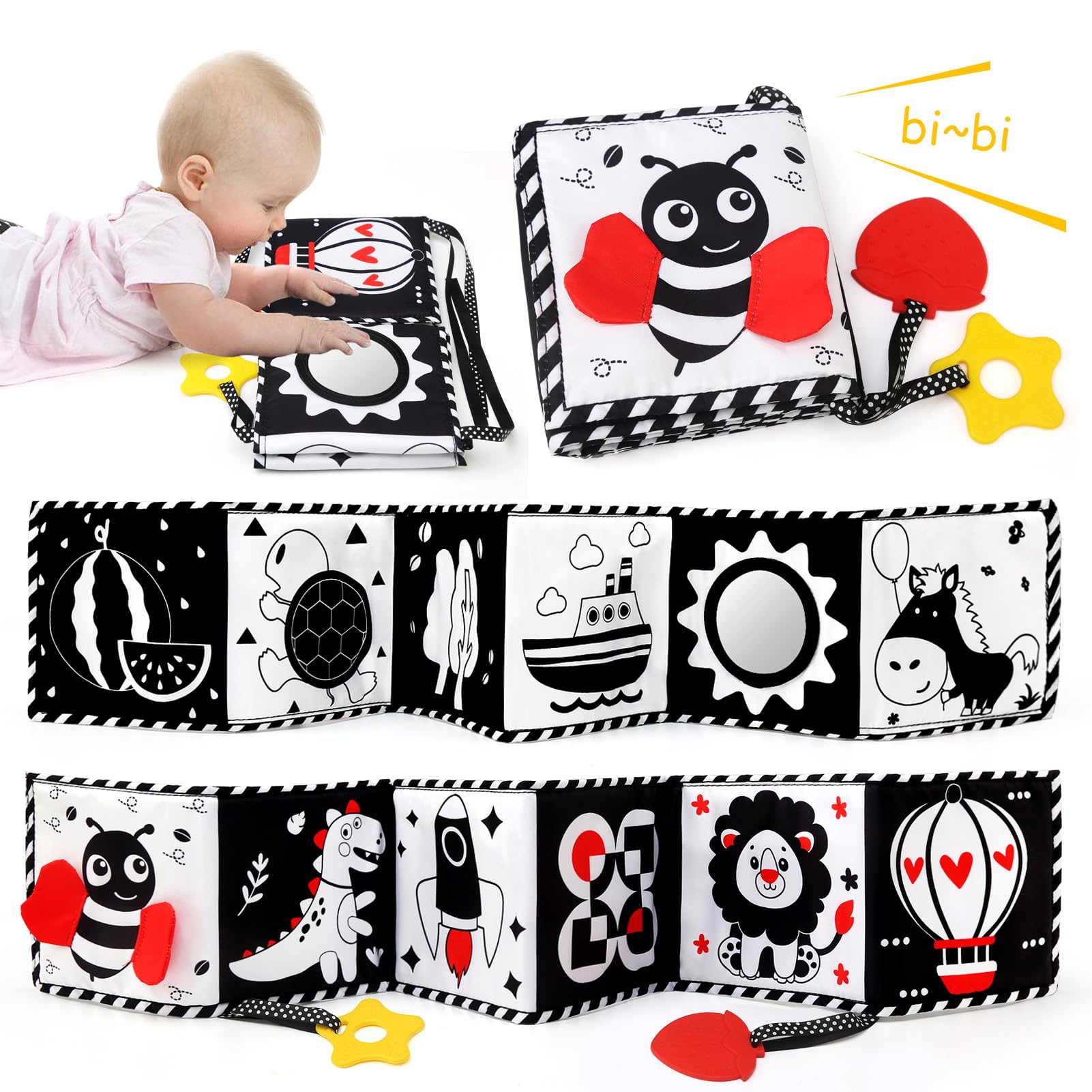 Ballery Juguetes Sensoriales Bebe, Juguetes Montessori Bebes 0-12 Meses, Blanco y Negro Libros Blandos Juguetes con Espejo, Doble-Cara Libros Blandos para Bebé 0 3 6 12 Meses