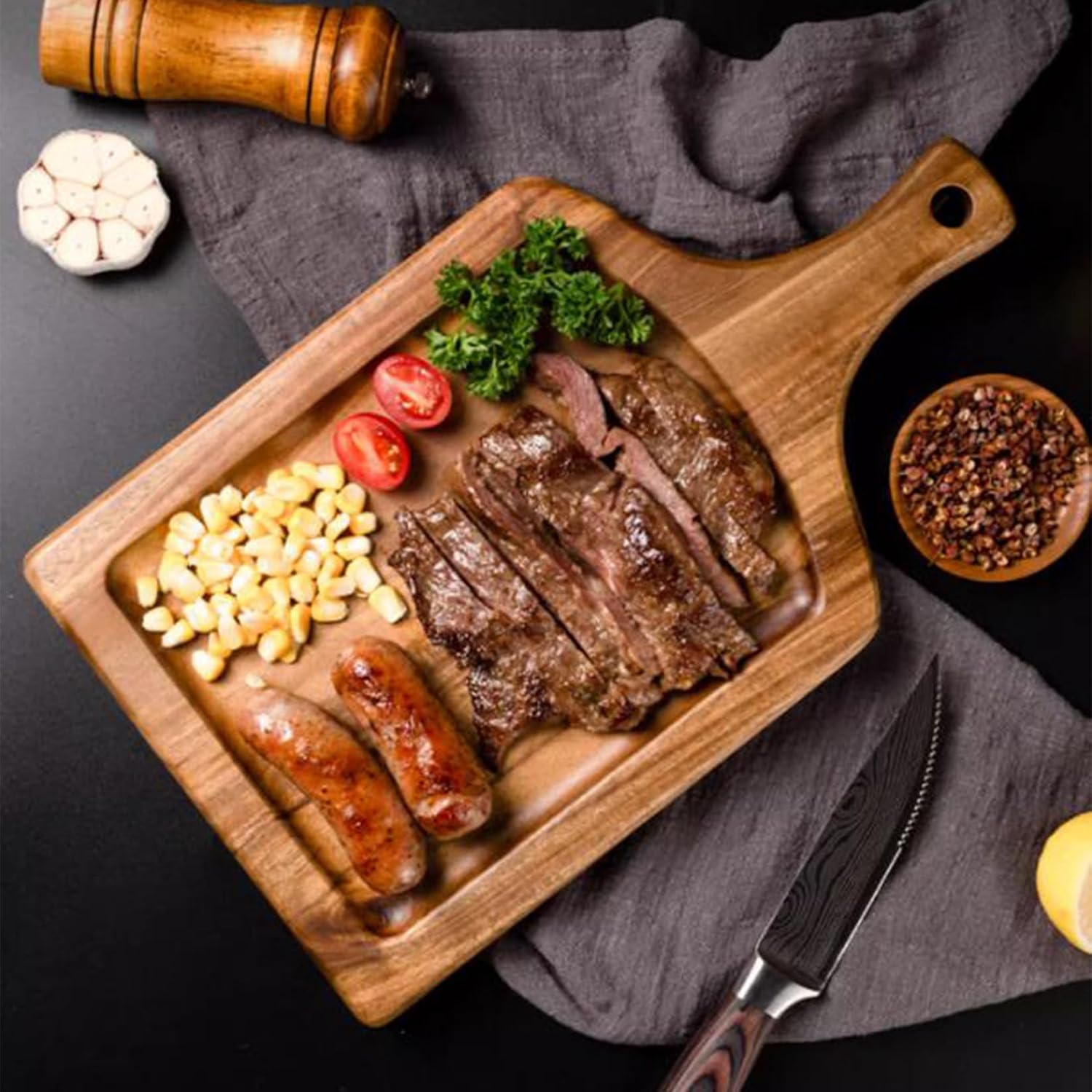 Wooden Chopping Board, Wooden Serving Tray with Handle,Acacia Wood Charcuterie Boards(A)