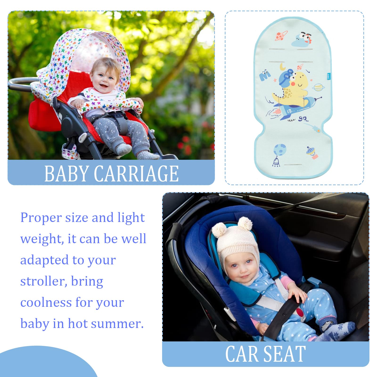 Sitzauflage Kinderwagen Sommer Kinderwagen, 5 Punkt Gurt Kühlkissen Weiche Atmungsaktive, 3 Stück Kühler, Kissen Schulterpolster, Kopfkissenkinder, Mit Niedlichen Tieren (Dino)