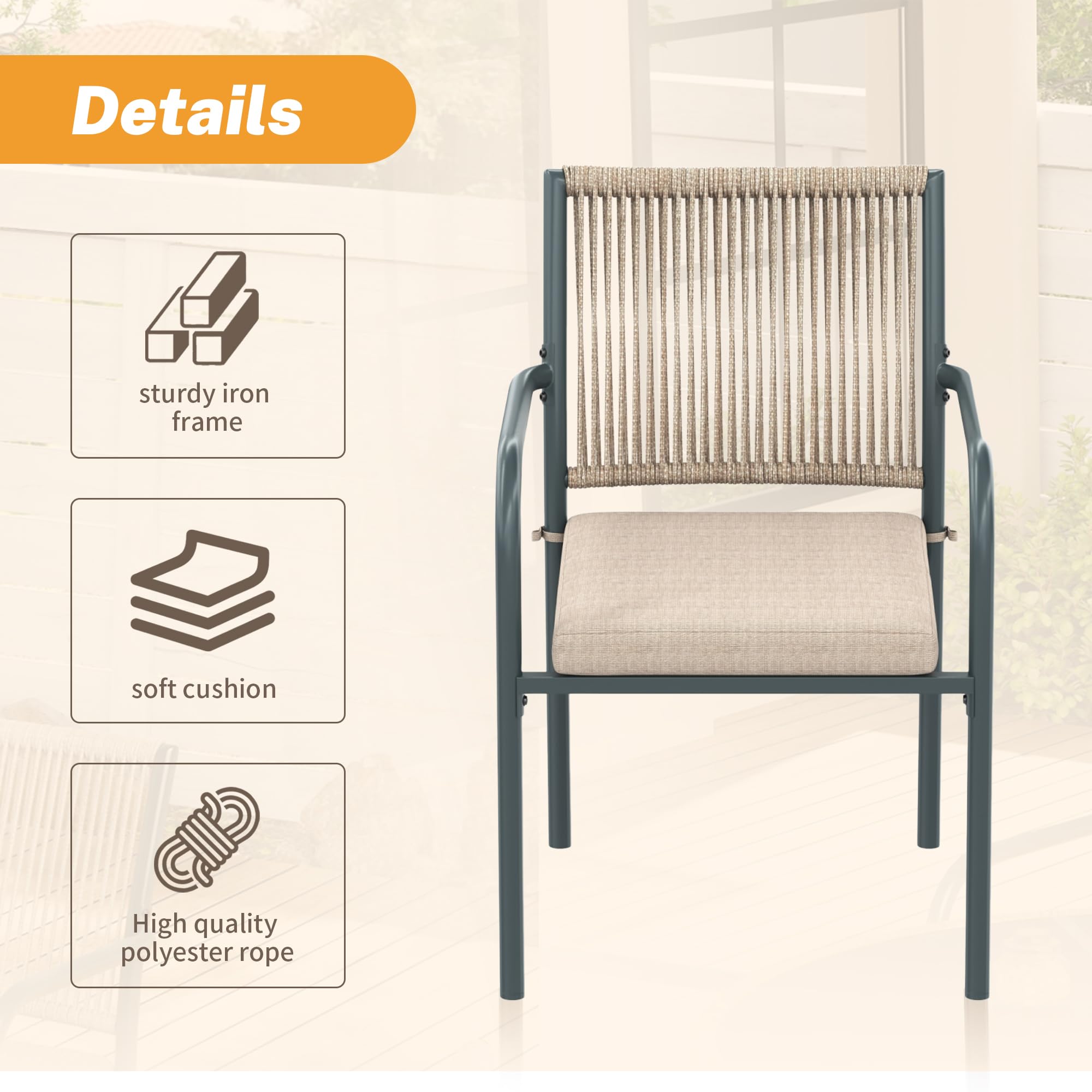 Conjunto Mesa y Sillas Jardín Ratán PE 5 Piezas, Conjunto Jardin Exterior con 1 Mesa de Comedor Redonda y 4 Sillones, Mesa y Sillas Terraza Exterior con Cojines, Marco Metálico, Gris
