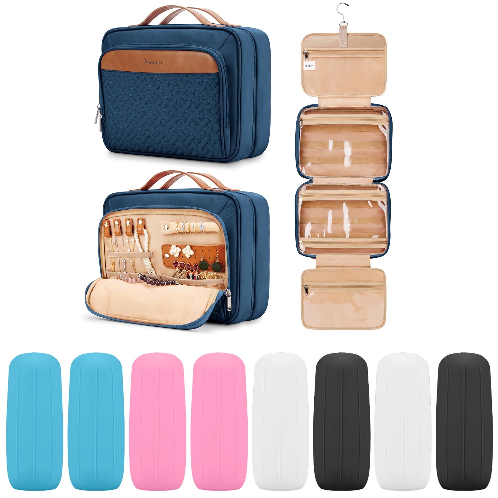 Travel Hanging Toiletry Bag for Women, Large Makeup Bag 8 Leak Proofing Silicone Bottle Covers, Waterproof Cosmetic Bag with Jewelry Organizer Compartment, Toiletries Kit Set, Navy Blue