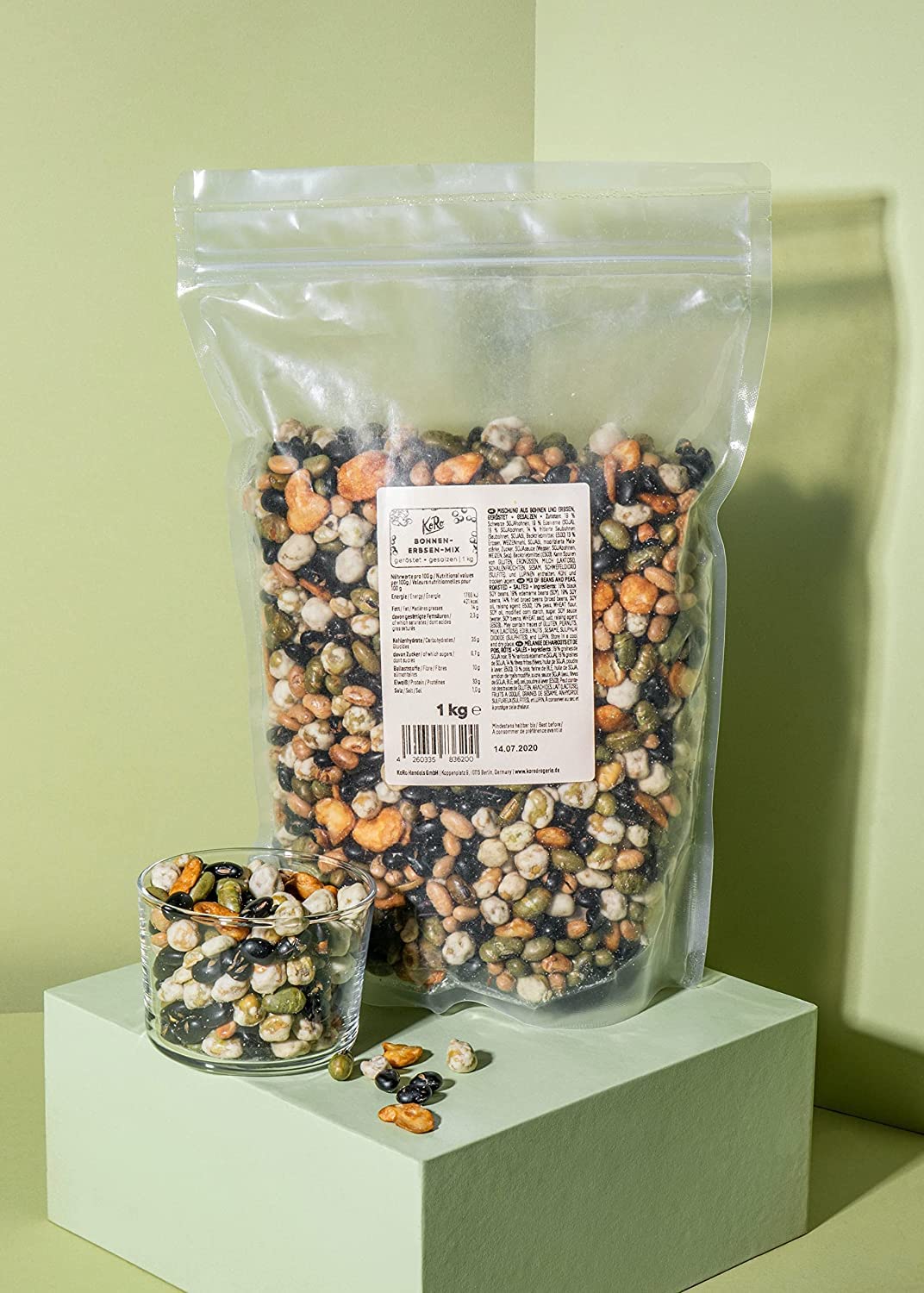 KoRo - Mélange pois et haricots grillés et salés 1 kg - Collation de légumes secs rôtis et salés en emballage économique