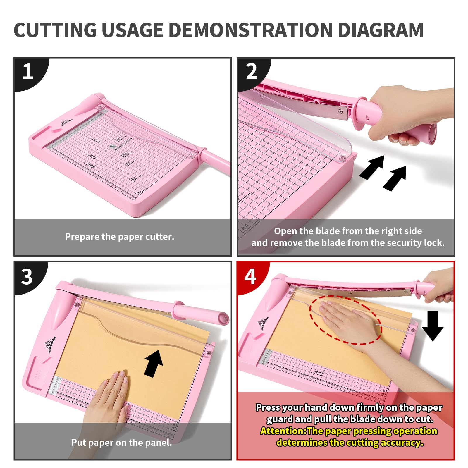 A4 Massicot Outil de Scrapbooking avec Protection de Sécurité et Verrouillage de la Lame Couper Papier et Photo，12 Pouces le Coupe Papier à Guillotine Peut Couper jusqu'à 12 Feuilles（Rose）