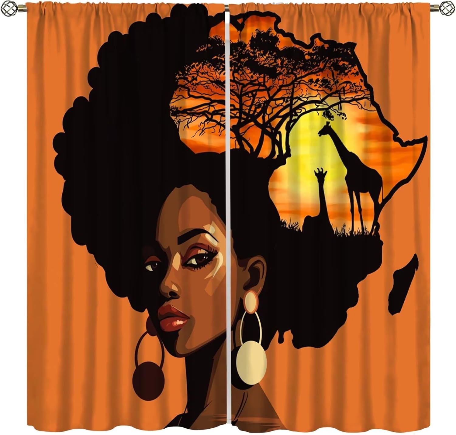 African Silhouette Curtain Black Girl Afro Woman Abstract Sunset Landscape Rod Pocket Blackout Window Treatments for Girls Bedroom Living Room Decor 42" W X 54" L