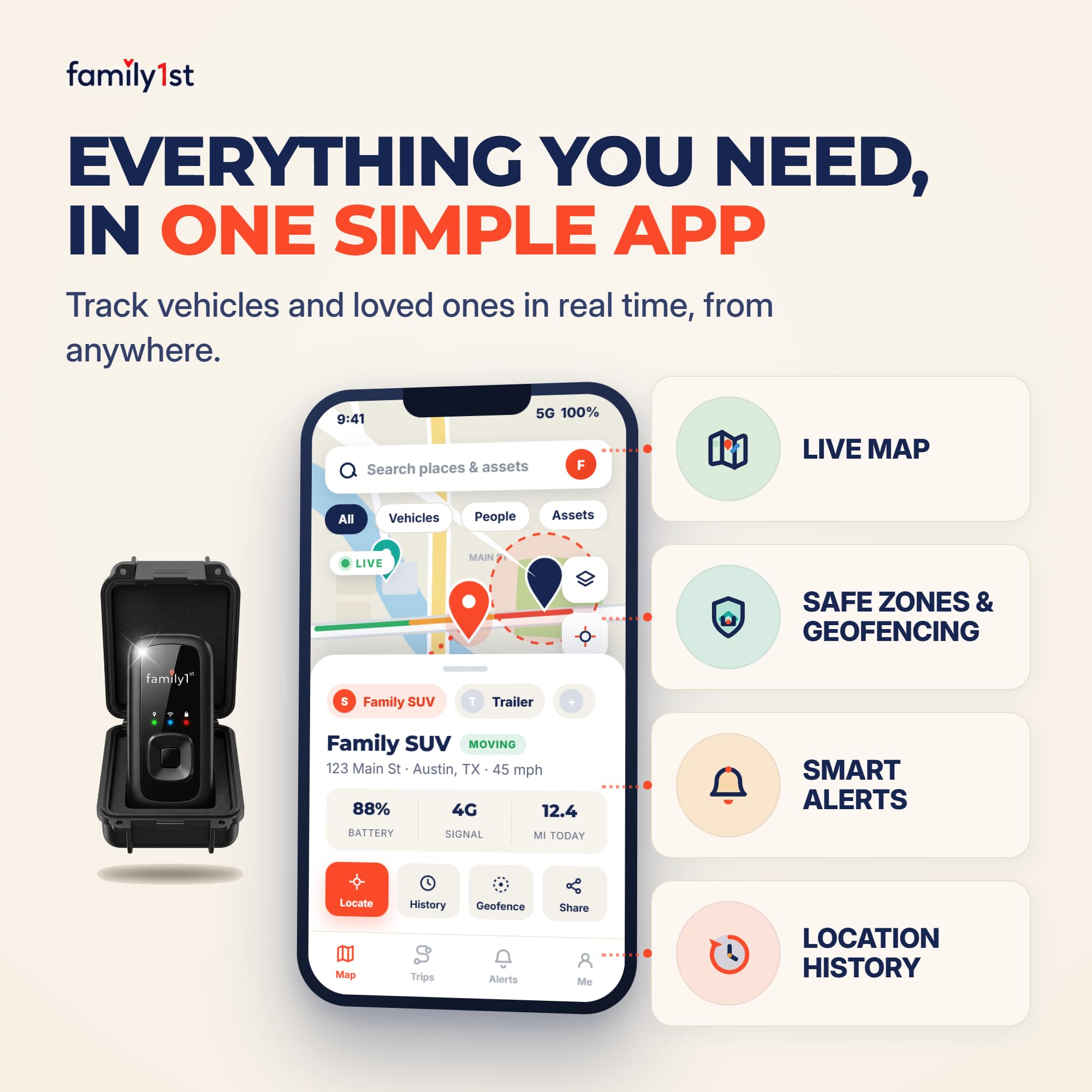 Family1st Dispositivo rastreador GPS para vehículos, coches, seres queridos, hasta 30 días de batería con carcasa impermeable magnética, seguimiento en tiempo real con aplicación, requiere suscripción