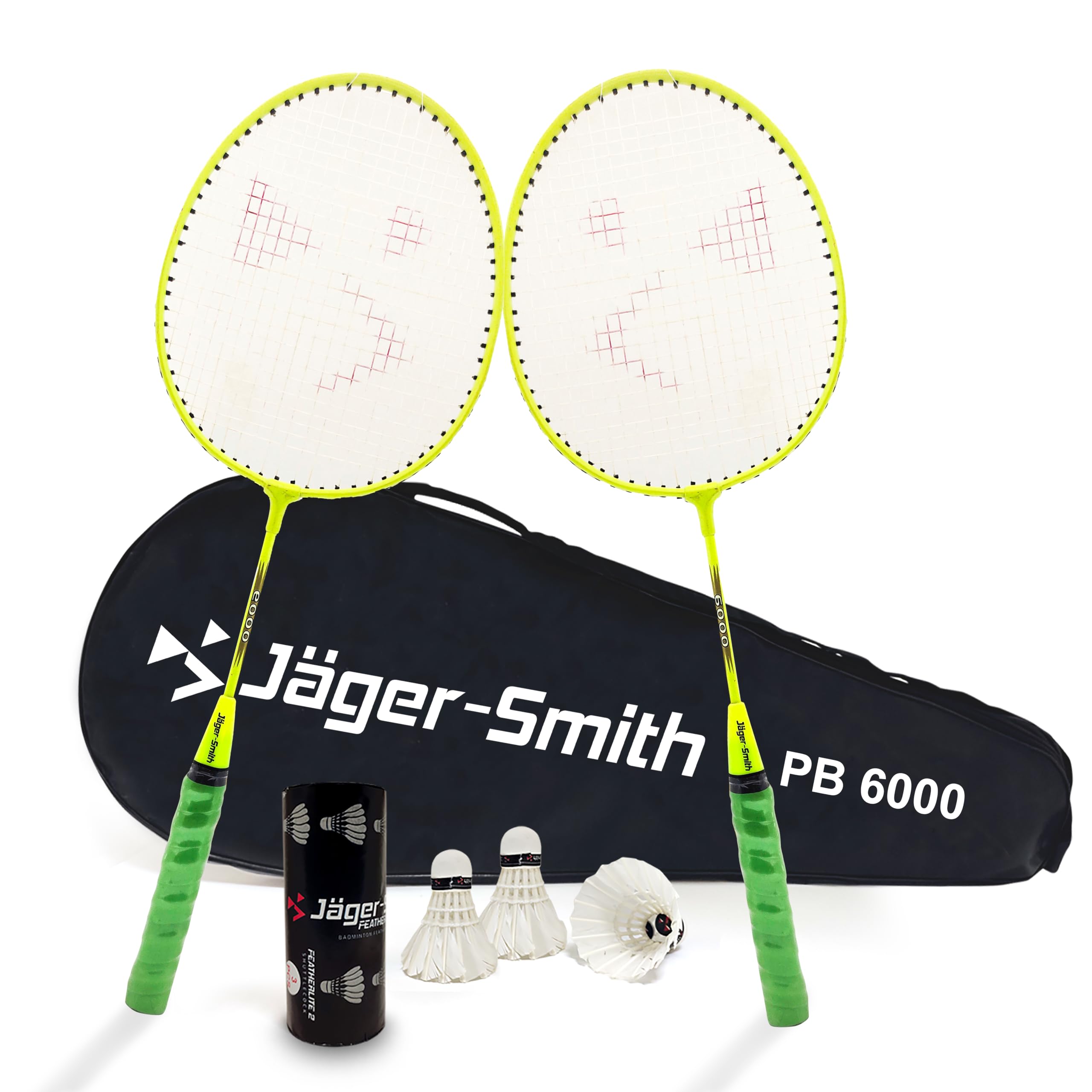 Jager-Smith PB 6000 Combo & Featherlite 2 (Pack of 3) Feather Shuttles Kids Badminton Set with Full Body Cover (Green)
