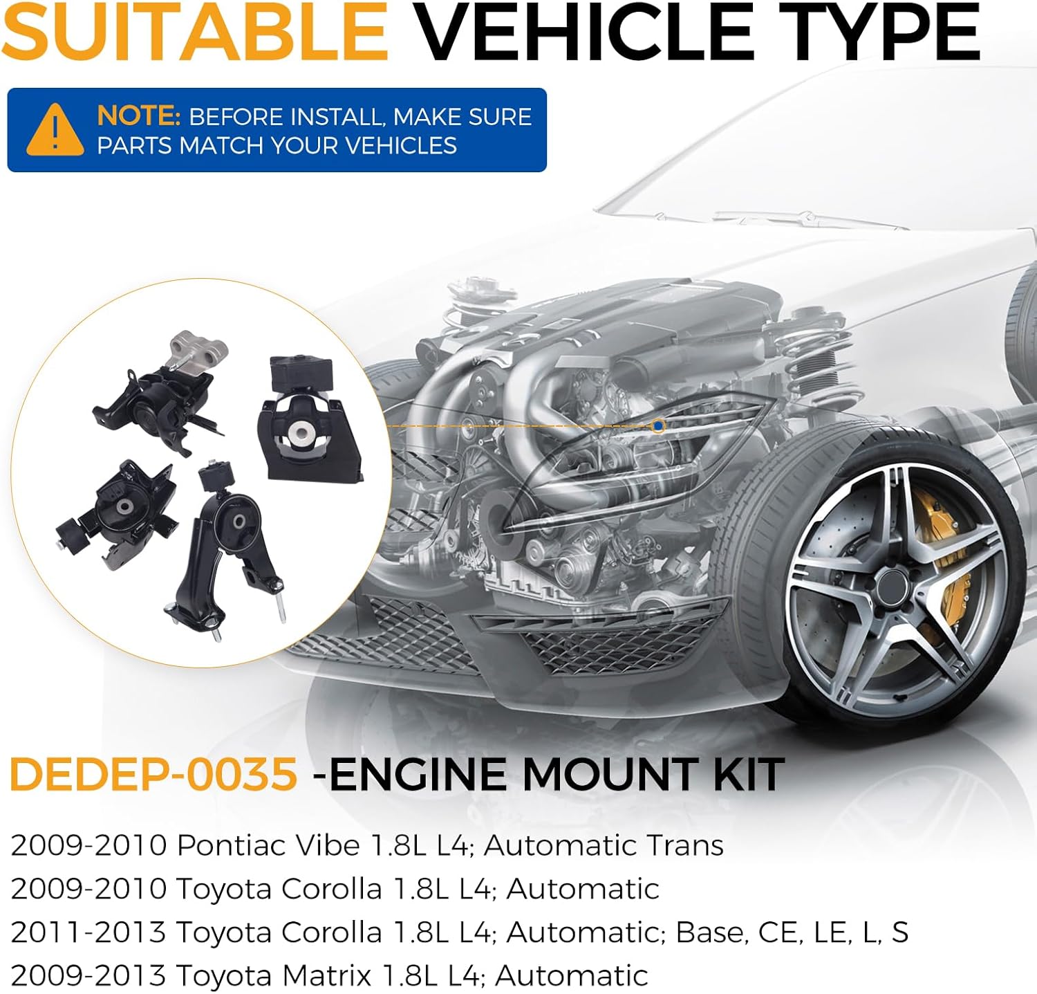 PAROD 4PCS Engine Motor Mount Kit Fit for 2009-2010 Pontiac Vibe, 2009-2013 Toyota Corolla, 2009-2013 Matrix 1.8L L4 Replace#A62015 A62023 A62027 A62022