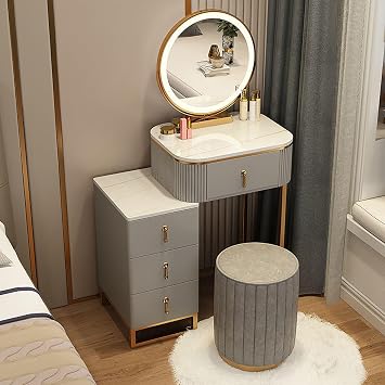 Bedroom Dresser,Vanity Storage Dressing Table,Makeup Vanity with Drawers,Makeup Table with Mirror and LED Lights,Storage Stool,for Women Girls Color White Gray, Size 70cm