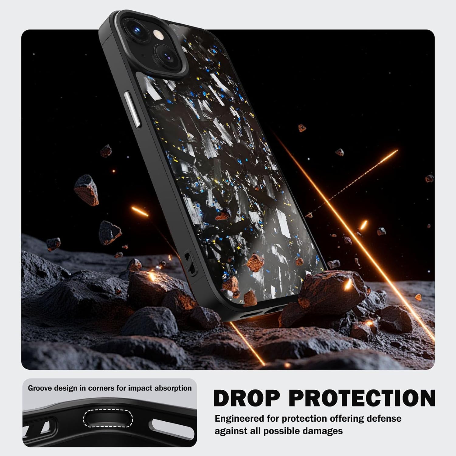 Genuine Forged Carbon Fiber Case for iPhone 14 Plus, Built-in Magnets, Compatible with MagSafe, Military Grade Drop Protection, Shockproof Phone Cover - Glossy Gold/Blue