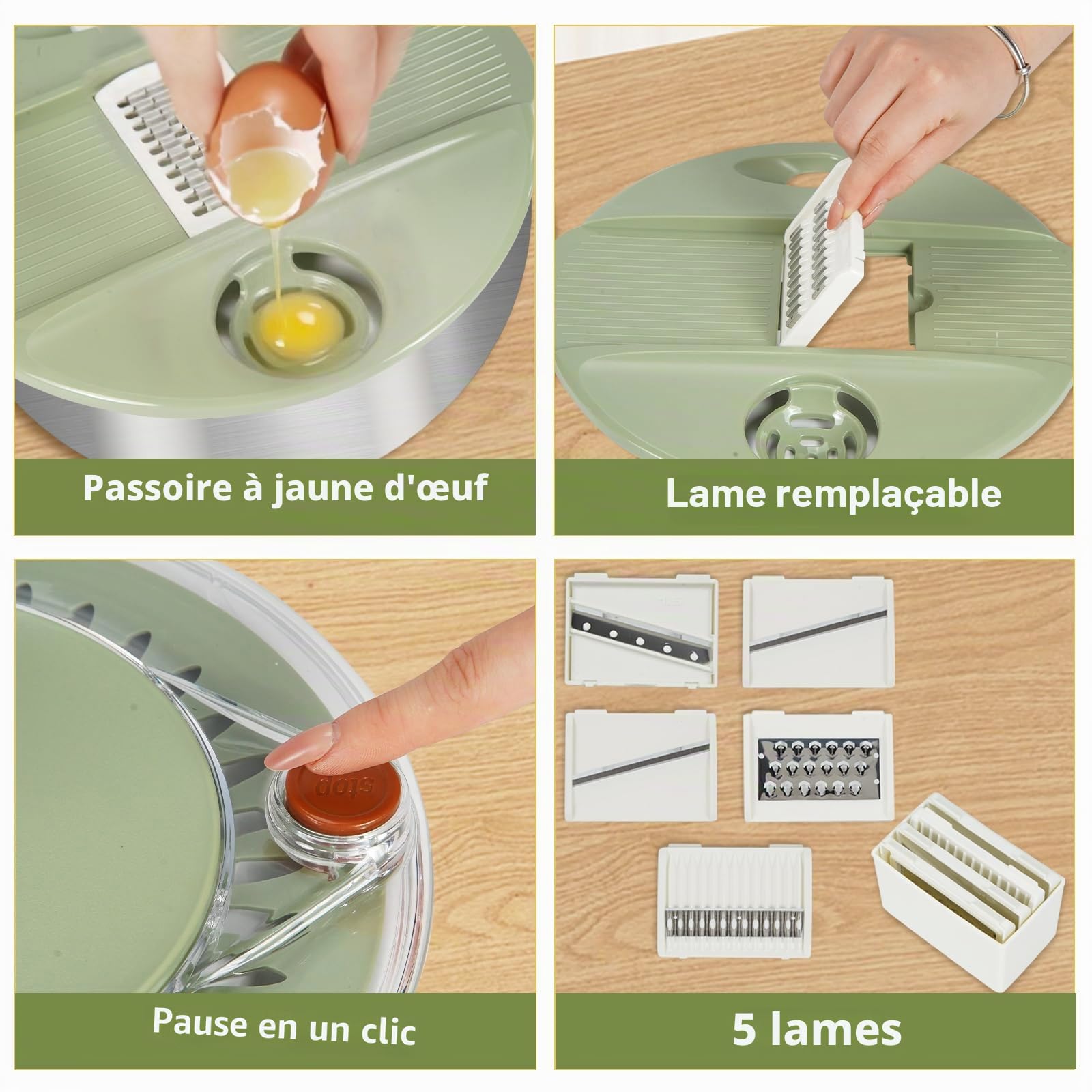 Essoreuse à salade en acier inoxydable avec fonction de coupe [5 accessoires différents] Essoreuse à salade par base antidérapante et entraînement à manivelle, séparateur de jaunes, bol