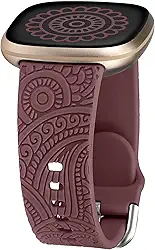 Compatível com Fitbit Versa 4/Versa 3/Sense 2/Sense – Pulseira de silicone esportiva com gravação floral, linda e moderna com flor boho