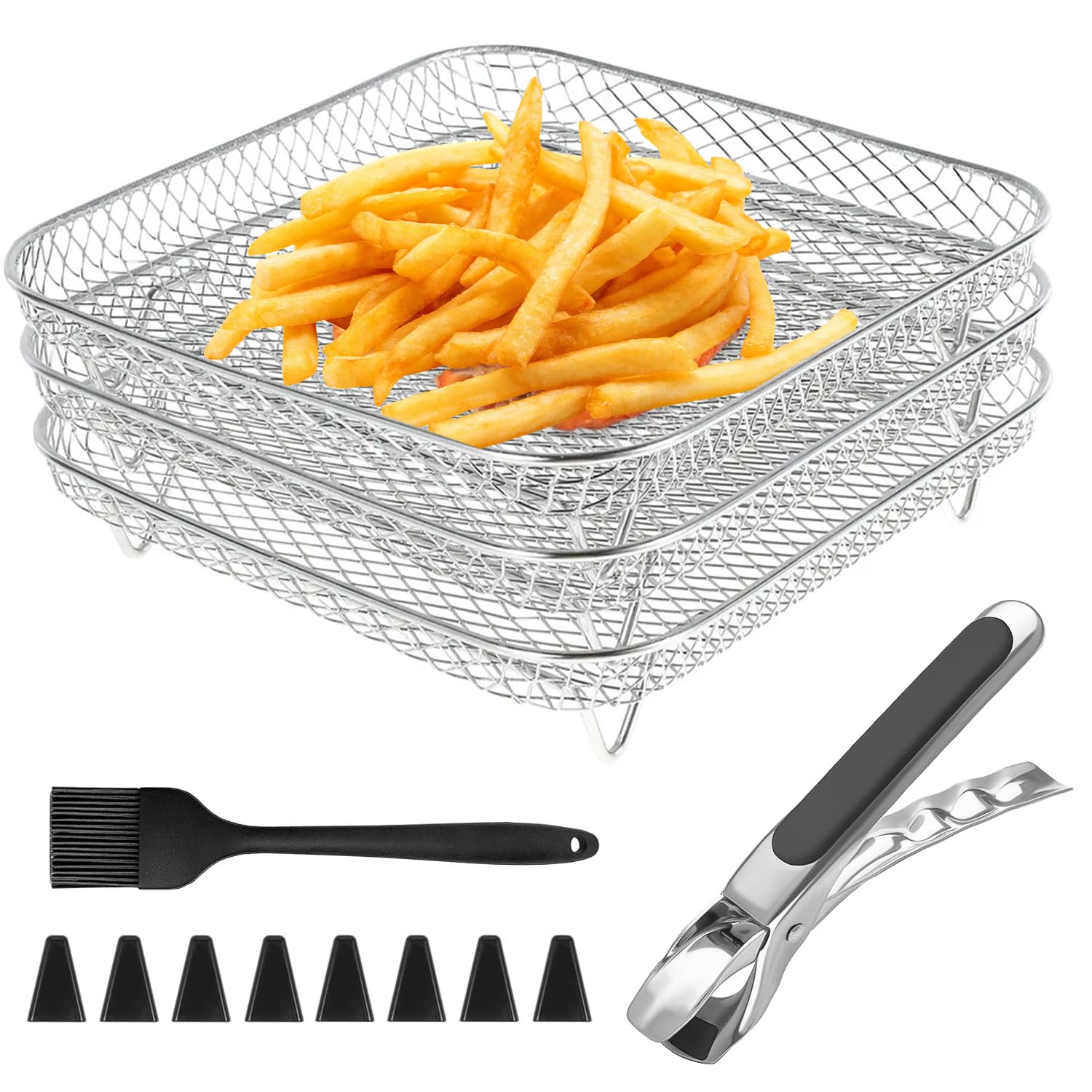 Set di accessori per friggitrice ad aria, griglia rettangolare in acciaio inox, accessori per friggitrice ad aria, 3 strati con piedini e clip in silicone, si adatta alla maggior parte dei forni