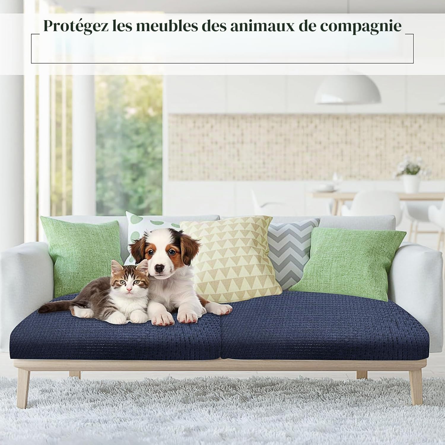 MALLOOM Lot de 8 Housses Extensibles imperméables pour Coussins d’extérieur – Housses de Rechange lavables pour canapé de Jardin ou d’intérieur (Bleu Marine, Housses Uniquement)