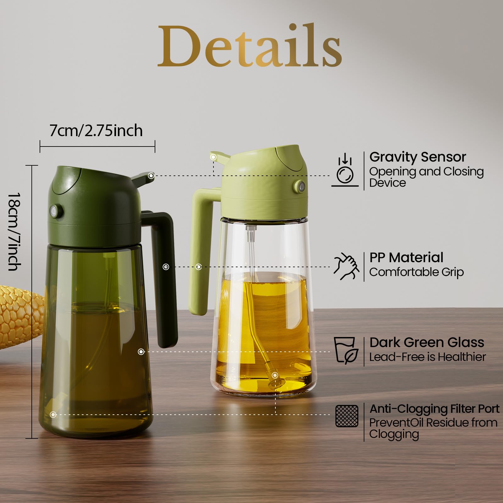 YARRAMATE 4er-Pack Olivenölzerstäuber zum Kochen, 16 oz Glas-Öldosierer-Set mit UV-geschütztem Dunkelglas, 2-in-1-Ölsprüher für Heißluftfritteuse, ästhetische Küchenhelfer & Geschenkset