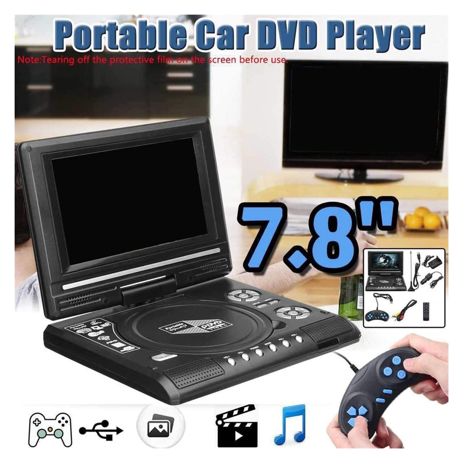 Lettore DVD multimediale automobilistico schermo da 7,8 pollici VCD portatile ad alta definizione Mp3 USB con TV/FM per auto e bambini