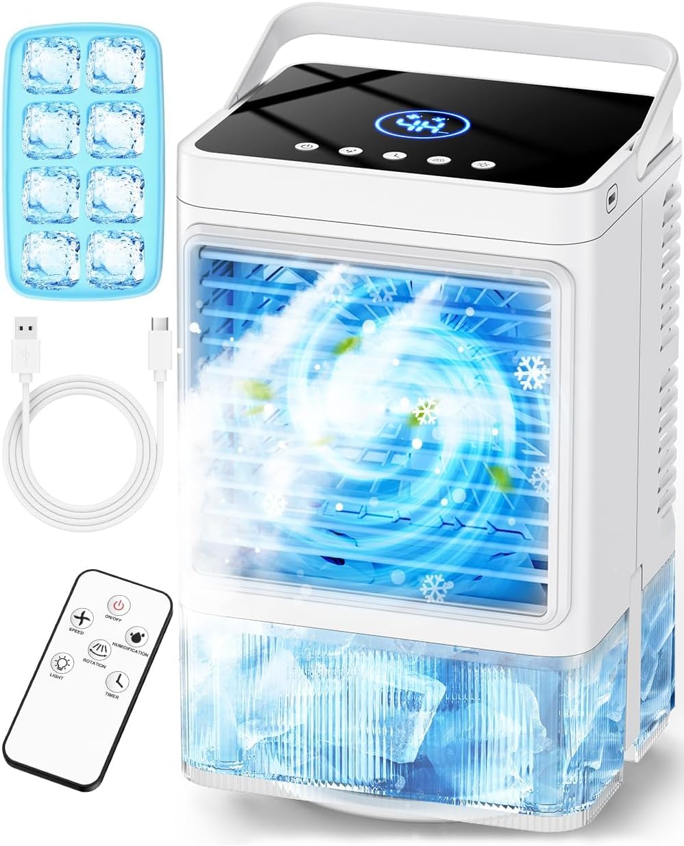 Small Air Conditioner w/ 3 Speeds&3 Modes, Remote, 1100ML Tank Humidifier, 8-Cube Ice Tray, 120° Oscillating, 4 IN 1 Portable Air Conditioners, 7-Color Light, 4H Timer Desk AC Unit for Bedroom