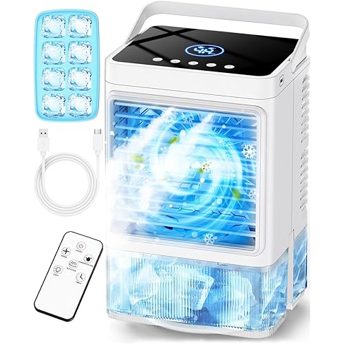 Small Air Conditioner w/ 3 Speeds&3 Modes, Remote, 1100ML Tank Humidifier, 8-Cube Ice Tray, 120° Oscillating, 4 IN 1 Portable Air Conditioners, 7-Color Light, 4H Timer Desk AC Unit for Bedroom