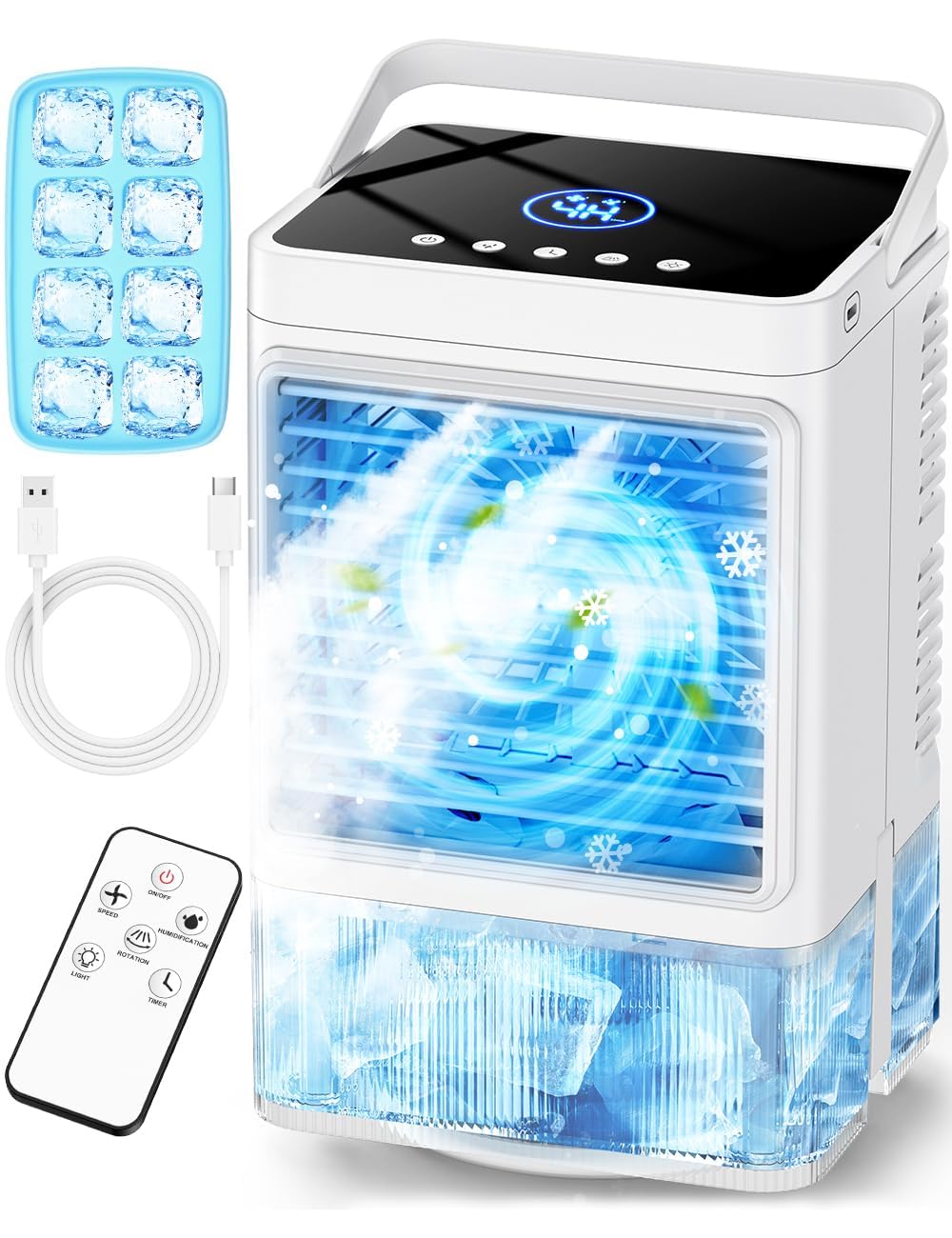 Small Air Conditioner w 3 Speeds 3 Modes Remote 1100ML Tank Humidifier 8-Cube Ice Tray 120 Oscillating 4