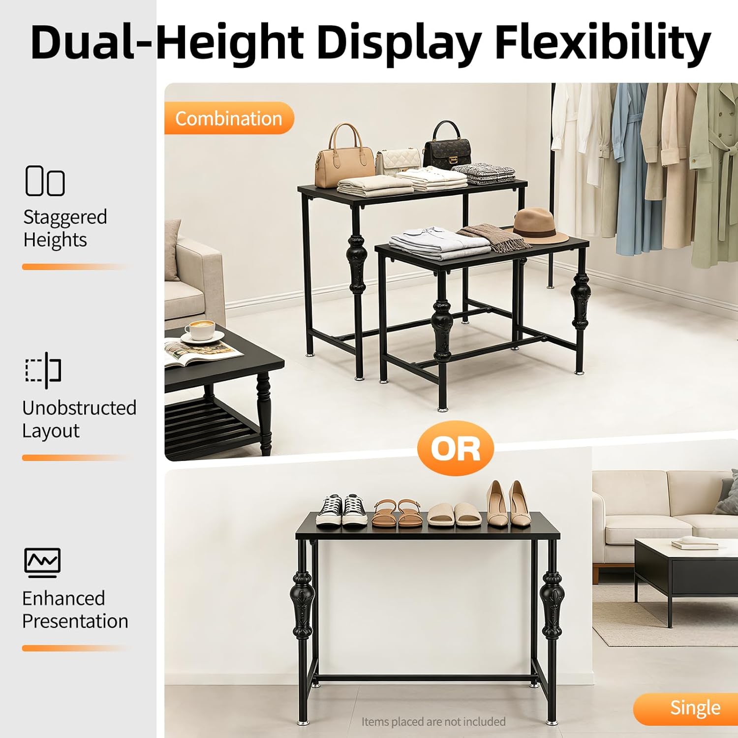 Metal Shoe Handbag Display Stand Set of 2 Industrial Retail Display Tables Standing Nesting Tables Boutique Display Riser Shelf Retro Unit Storage Shelves for Living Room Laundry Room (Black)