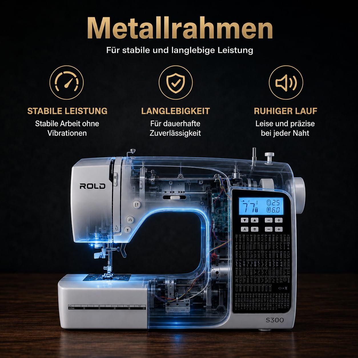 ROLD S300 Computer Nähmaschine mit Anschiebetisch | 190 Nähstiche zum Nähen aller Arten von Stoffen.