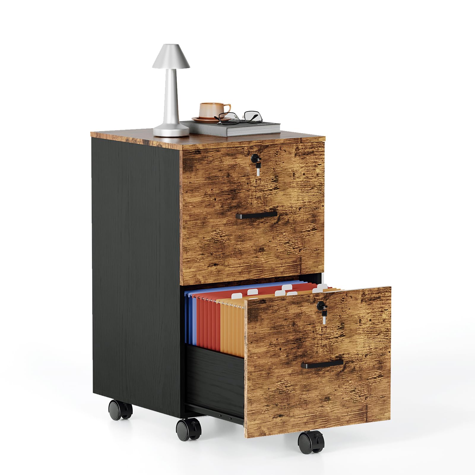 Bonnlo 2 Drawers Mobile File Cabinet for A4, Letter-Size Files,Wooden Rolling File Cabinet,Small Lockable Filing Cabinets for Home Office,Brown