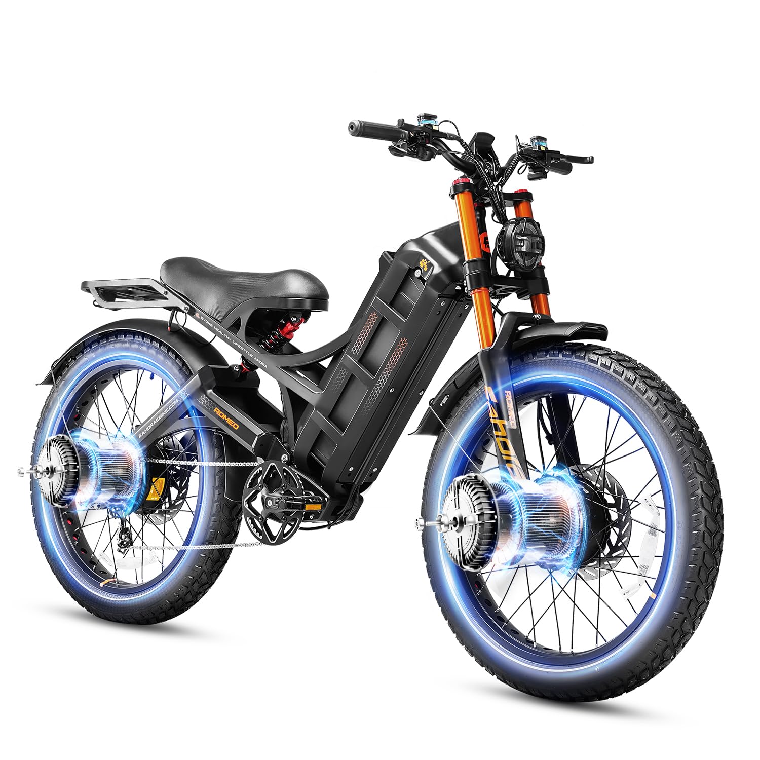 Romeo Pro II 1600W/4000W Electric Bike for Adults 52V 60AH/70AH Long Range Dual Motor Electric Mountain Bike Dual Hydraulic Brakes Full Suspension EBike Colorful Display Electric Bicycle