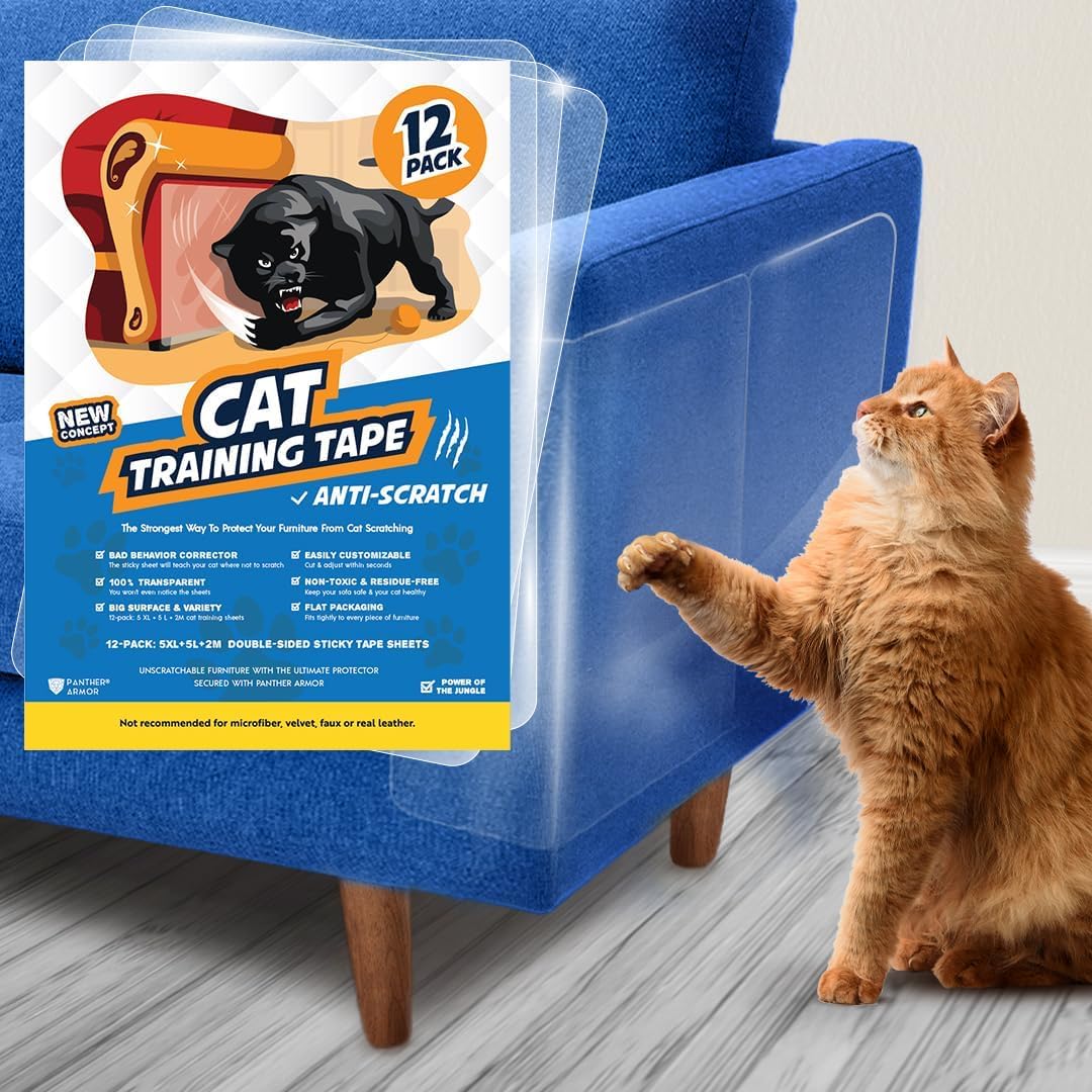 Panther Armor Cat Scratch Deterrent Tape – Double Sided Anti Scratching Sticky Tape Cat Scratch Furniture Protector – Cat Training Tape - Corner Couch Protector for Cats - (12-Pack)