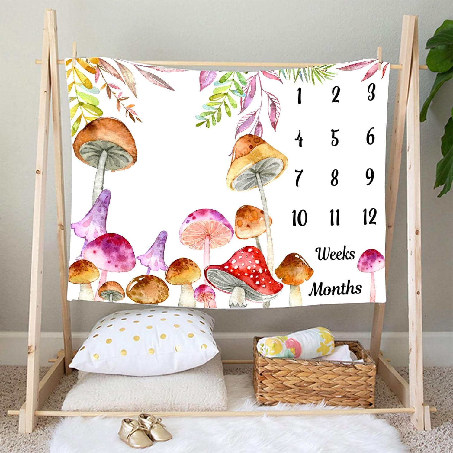 Mushroom Theme Baby Monthly Milestone Blanket, 60x40in Soft Flannel, Watercolor Backgrounds, Newborn Mom Gifts, Baby Shower Age Growth Tracker with Bonus Maker