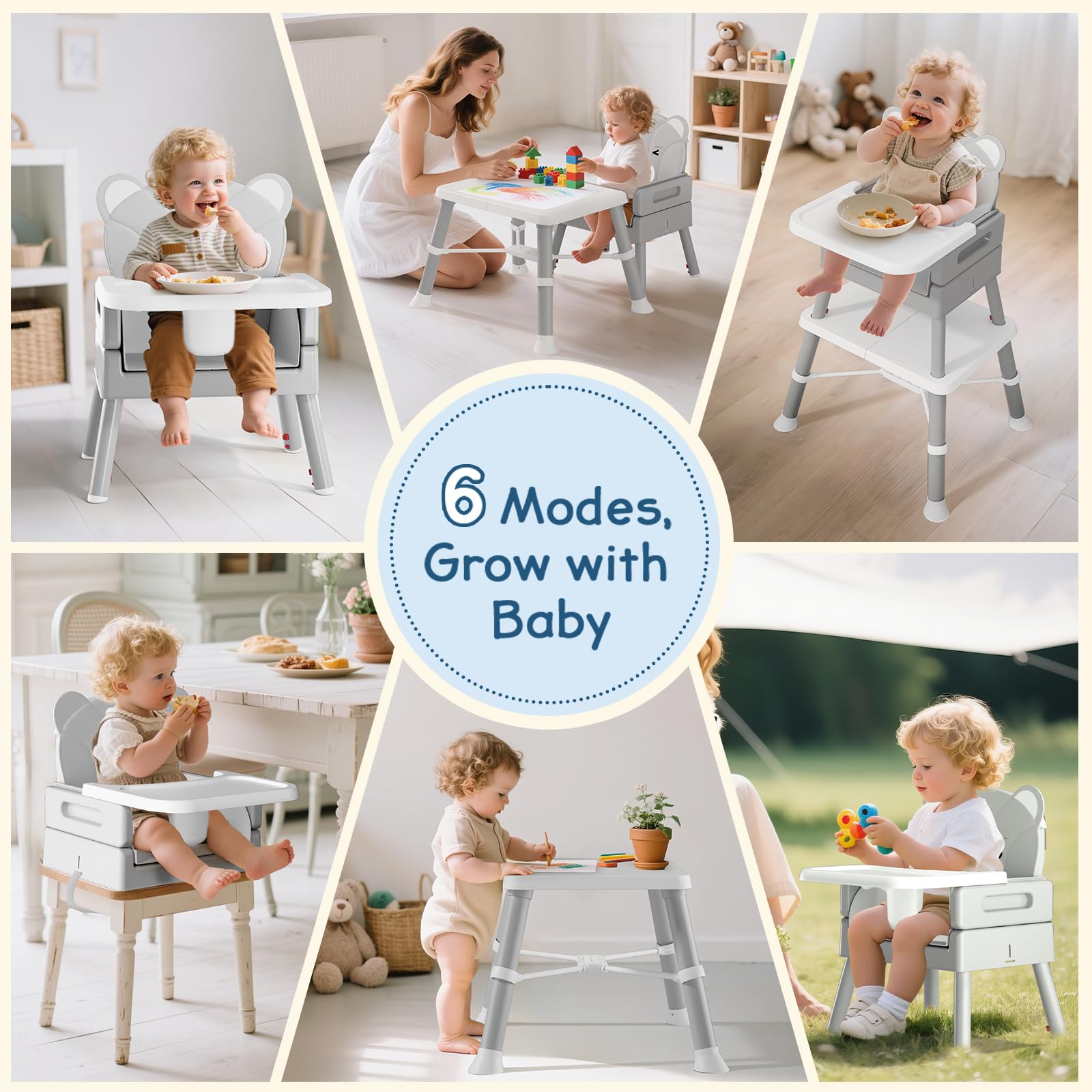 COOSEYA Chaise Haute Bébé, Chaise Haute 6 en 1 avec Coussin en Forme d'Ourson et Facile à Nettoyer, Plateau Amovible et Harnais 5 Points pour Bébé de 6 Mois à 3 Ans, Gris