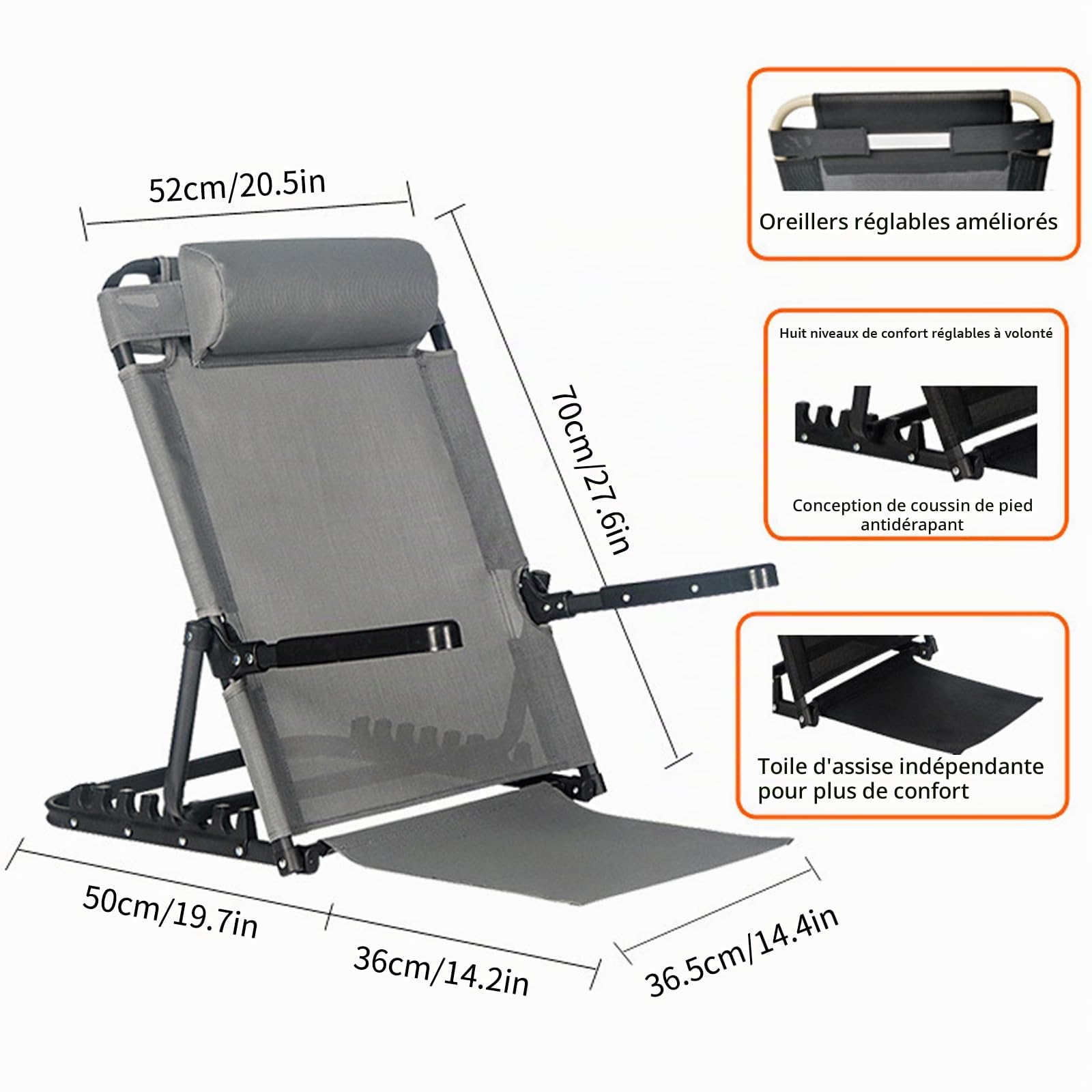 Support dorsal réglable (40 à 90 °), tapis de plage pliable avec dossier, dossier de lit réglable, pour s'asseoir dans le lit, les sièges de stade, les chaises de plage, les chaises de camping
