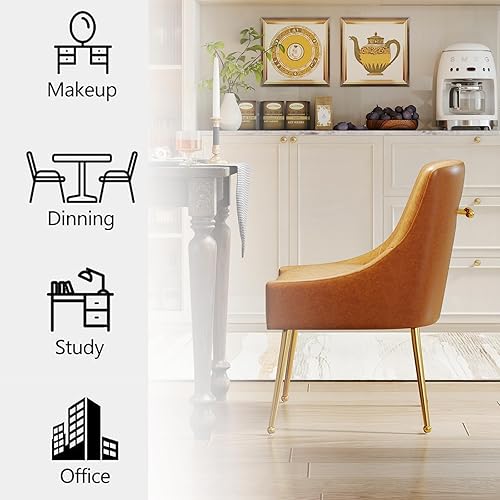 Miniatura 6 de Juego de 2 sillas de comedor de imitación de cuero con patas de metal, sillas de tocador de mediados del siglo XX, tapizadas en cuero PU de lujo,