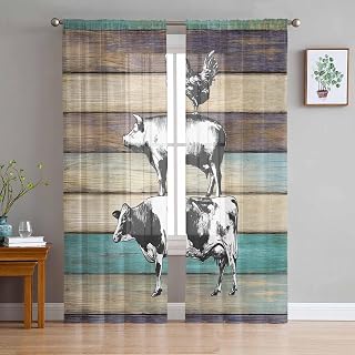 Farmhouse Animals Sheer Curtains 84 Inch Length, Vintage Wood Country Cow Pig Chicken Rod Pocket Window Treatments for Living Room Bedroom, Light Filtering Privacy Chiffon 2 Panels Drapes, 52"WX84"L
