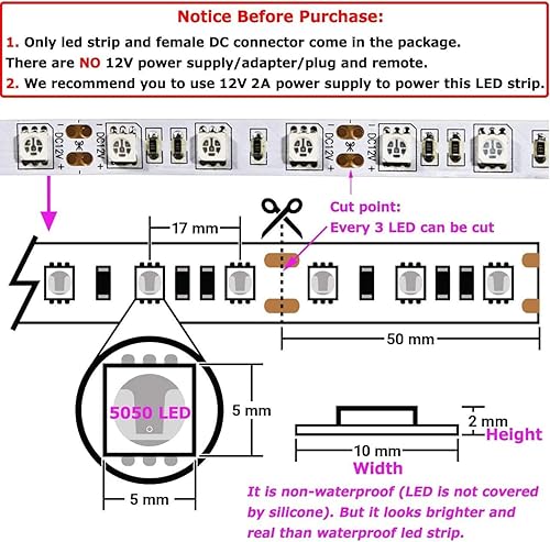 Miniatura 8 de iNextStation Tira de luces LED rosas de 12 V, tira de luces LED flexibles de 16.4 pies, 300 LED, 5050, cinta de luces para dormitorio, cocina,