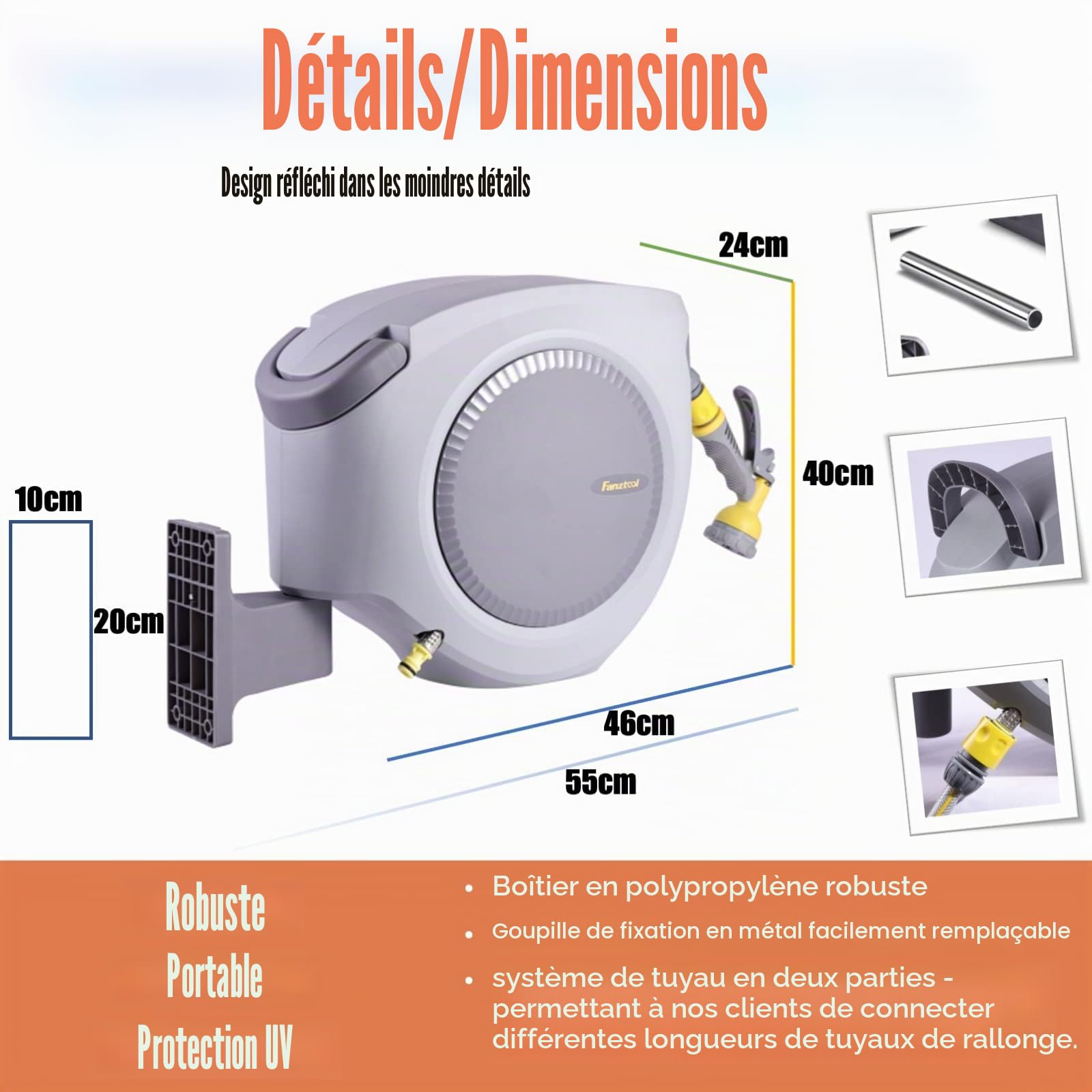 FANZTOOL Ensemble de bobine de tuyau de 35+2 m avec support mural, incluant une douchette multi-fonctions à 8 fonctions | Enroulement automatique | Pivotant à 180° | Tuyau de jardin certifié RoHS