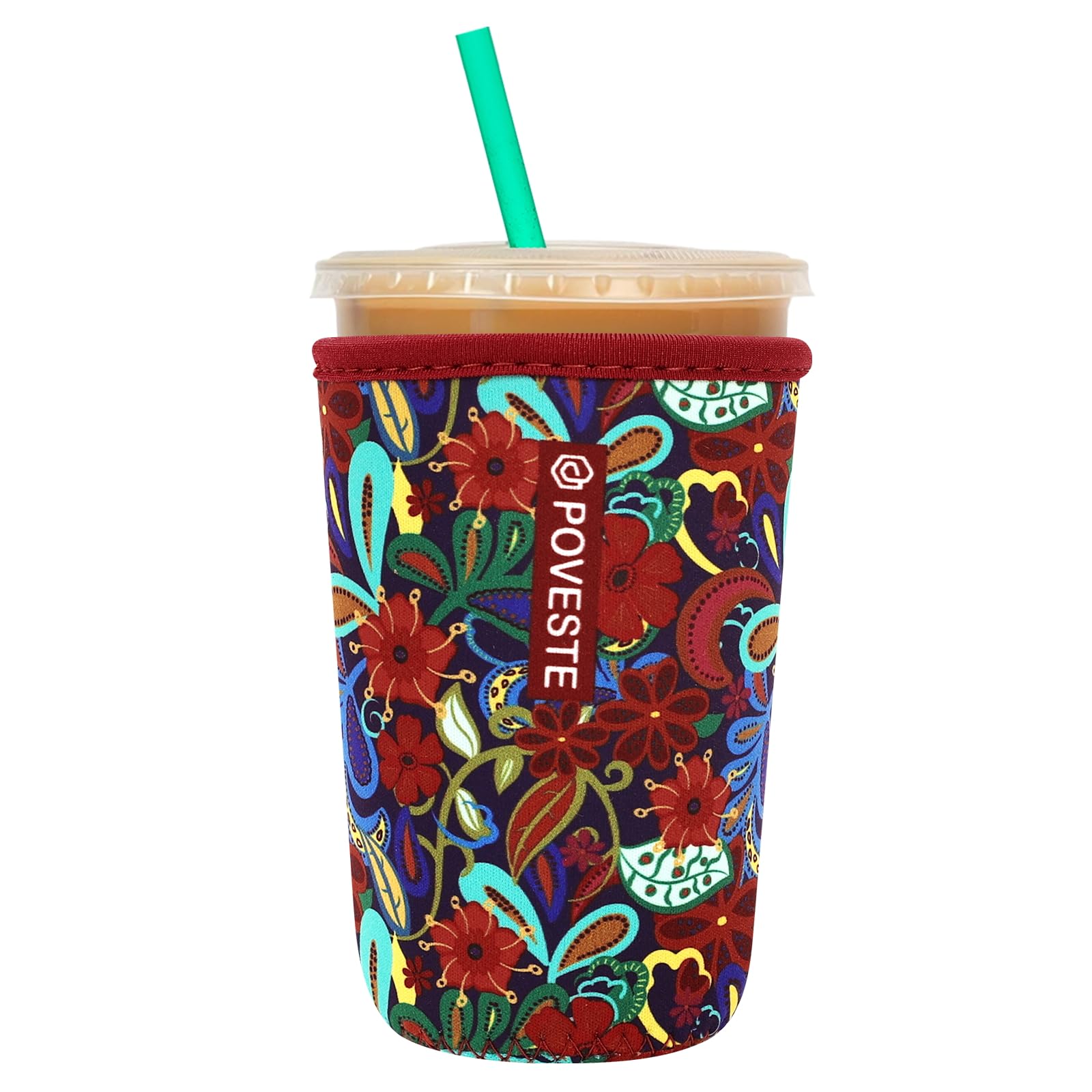 Reusable Neoprene Insulator Sleeve for Iced Coffee &amp; Cold Soda, Coffee Sleeves for Iced &amp; Hot Drinks, Cold Beverage Cooler Compatible with Starbucks, Dunkin (Tropical Flower, Medium: 22-24oz)