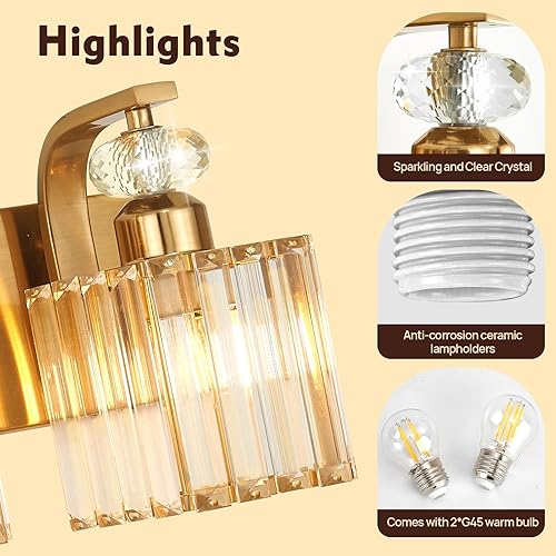 Miniatura 3 de Moderna lámpara de tocador de baño, 2 luces doradas para baño, aplique de pared de cristal de 12.6 pulgadas para bañodormitoriotocador, incluye