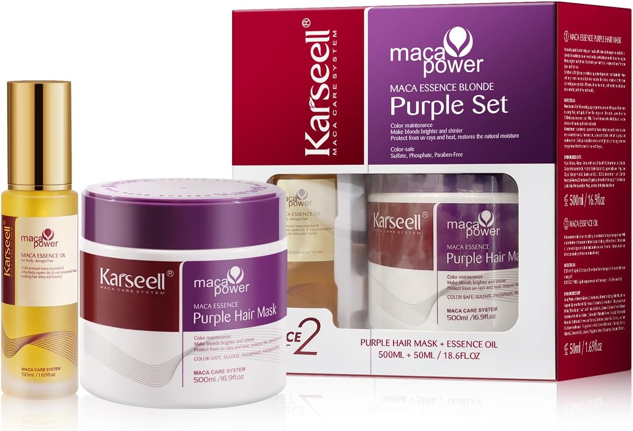 Karseell Purple Haarmasker en haarolieset, neutraliseert gele zweem, herstelt haarschade voor blond en grijs haar, 50 ml + 500 ml